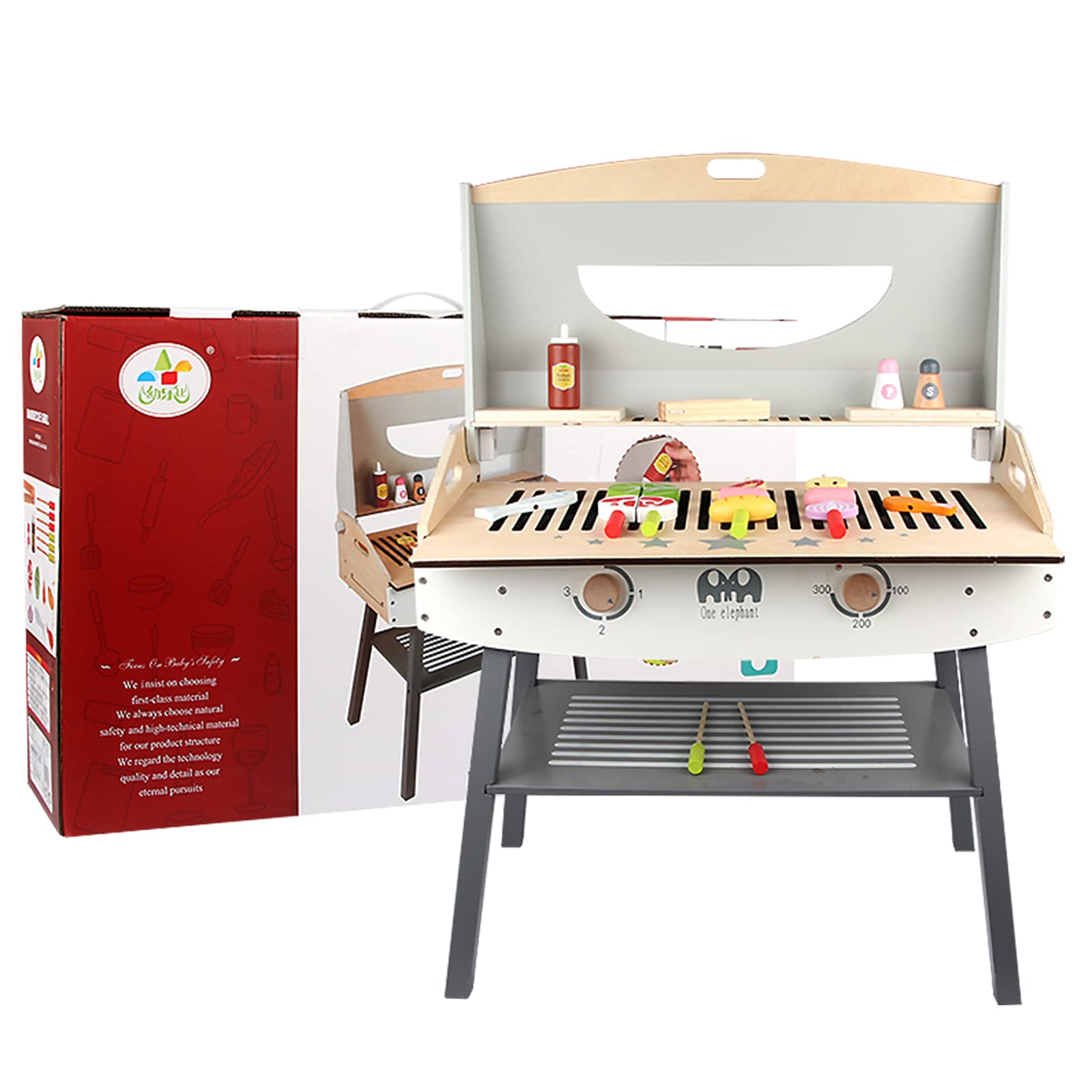 Wooden Pretend Barbecue Grill Play Set, Play Kitchen Set Cooking Gift for Girls and Boys - Best for 3 4 5 Year Old Kids