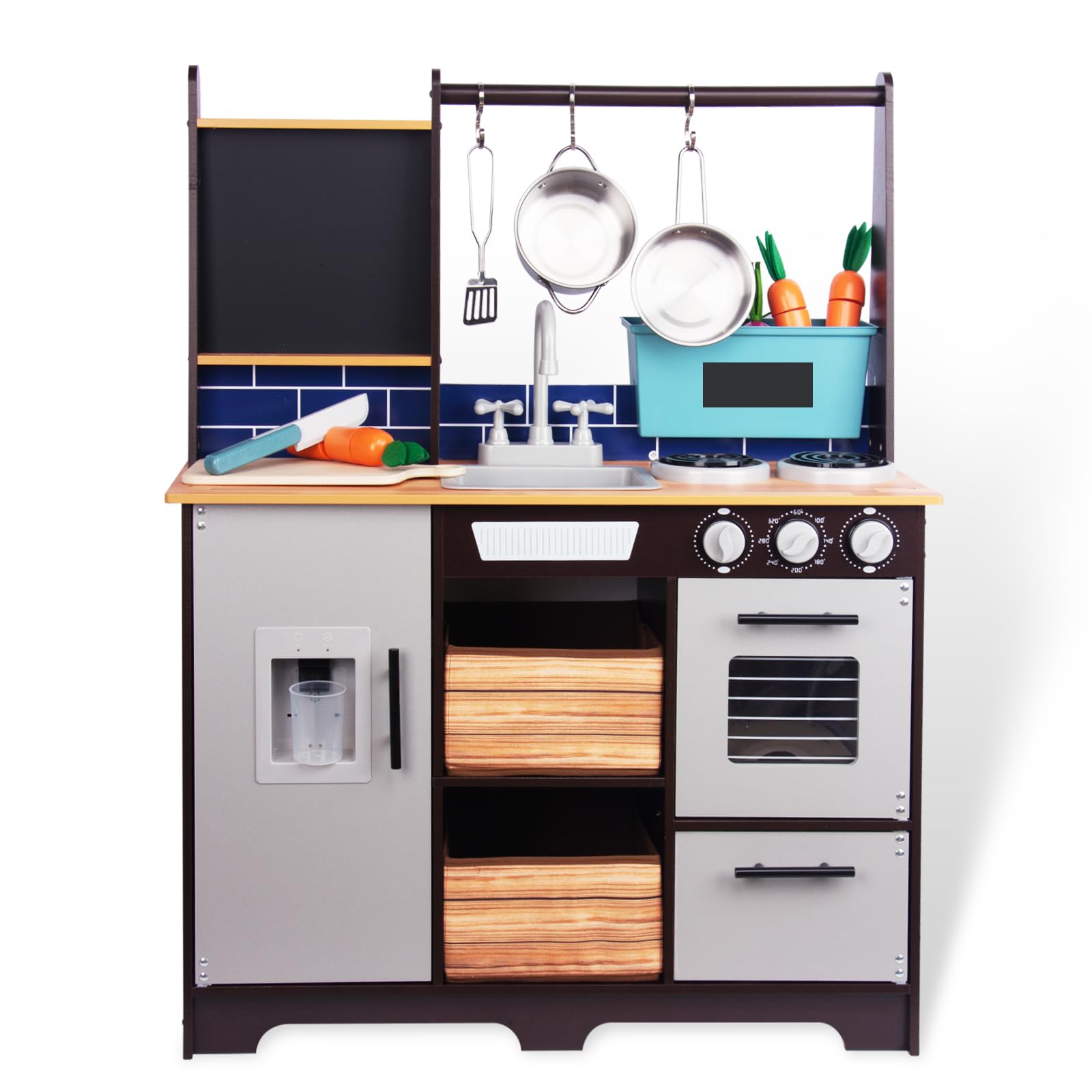 Kitchen Playset for Kids Ages 3-8, Wooden Pretend Play Kitchen with Cooking Accessories and Cutting Play Food, Including Oven, Stove, Faucet, and Sink, Dimensions: 38” H x 29” W x 12” D