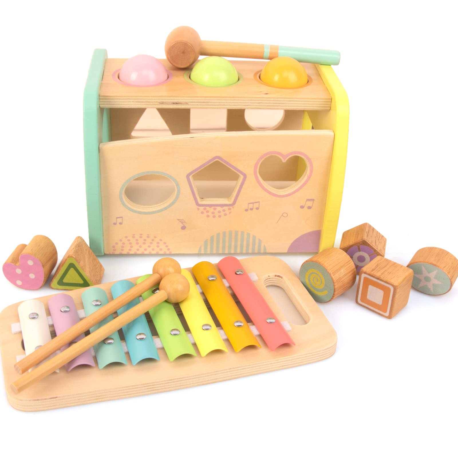 Hammering Pounding Toys Wooden Educational Toy Xylophone Shape Sorter, Birthday Gift for 1 2 3 Years Boys Girls Baby Toddler Kids Developmental Montessori Learning Toy (Yellow)