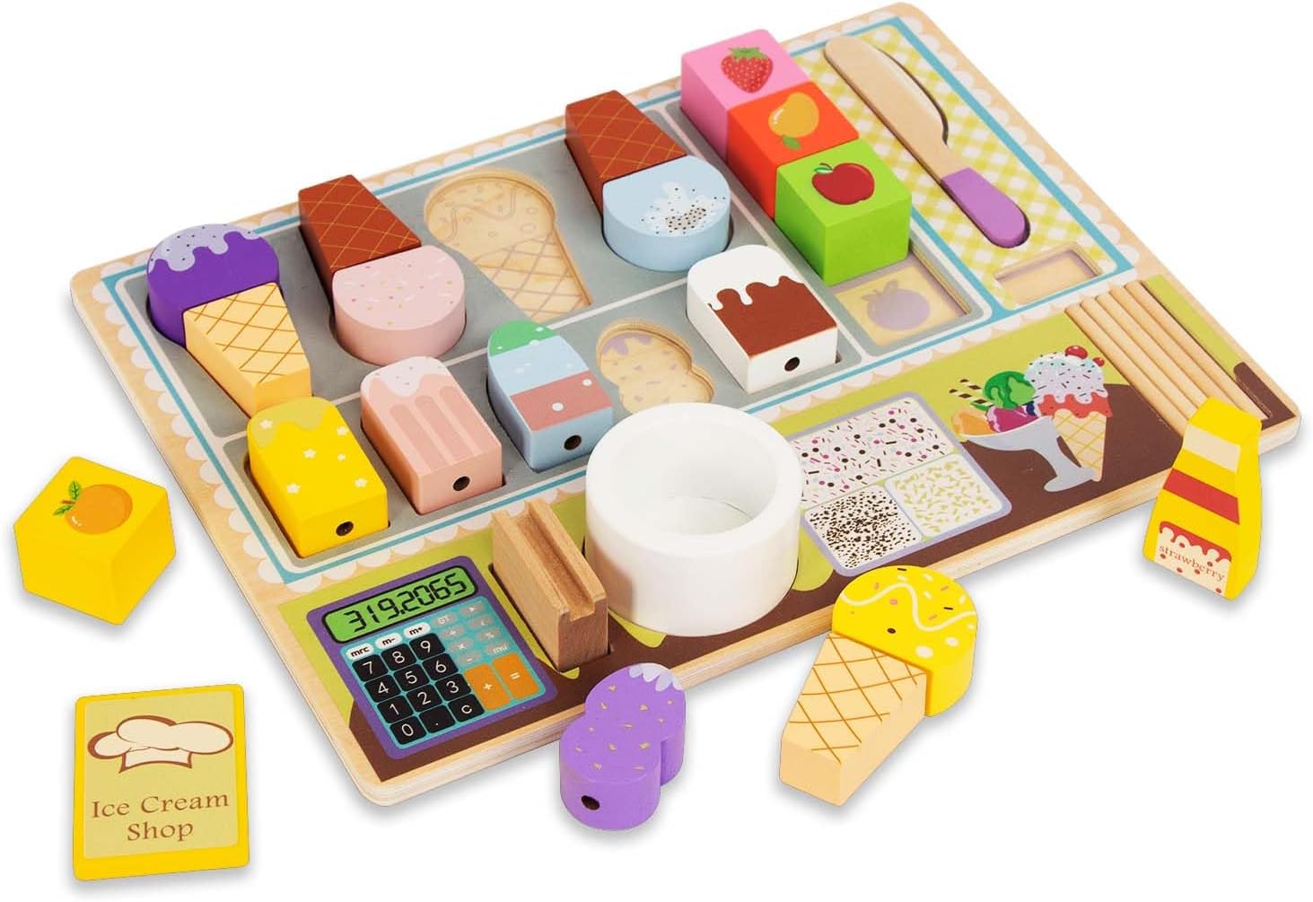 Pretend Play Ice Cream Set for Toddlers, Wooden Toy Food Kitchen Accessories for Kids, Sweet Treats Ice Cream Gifts for Boys Girls 3 Year Old