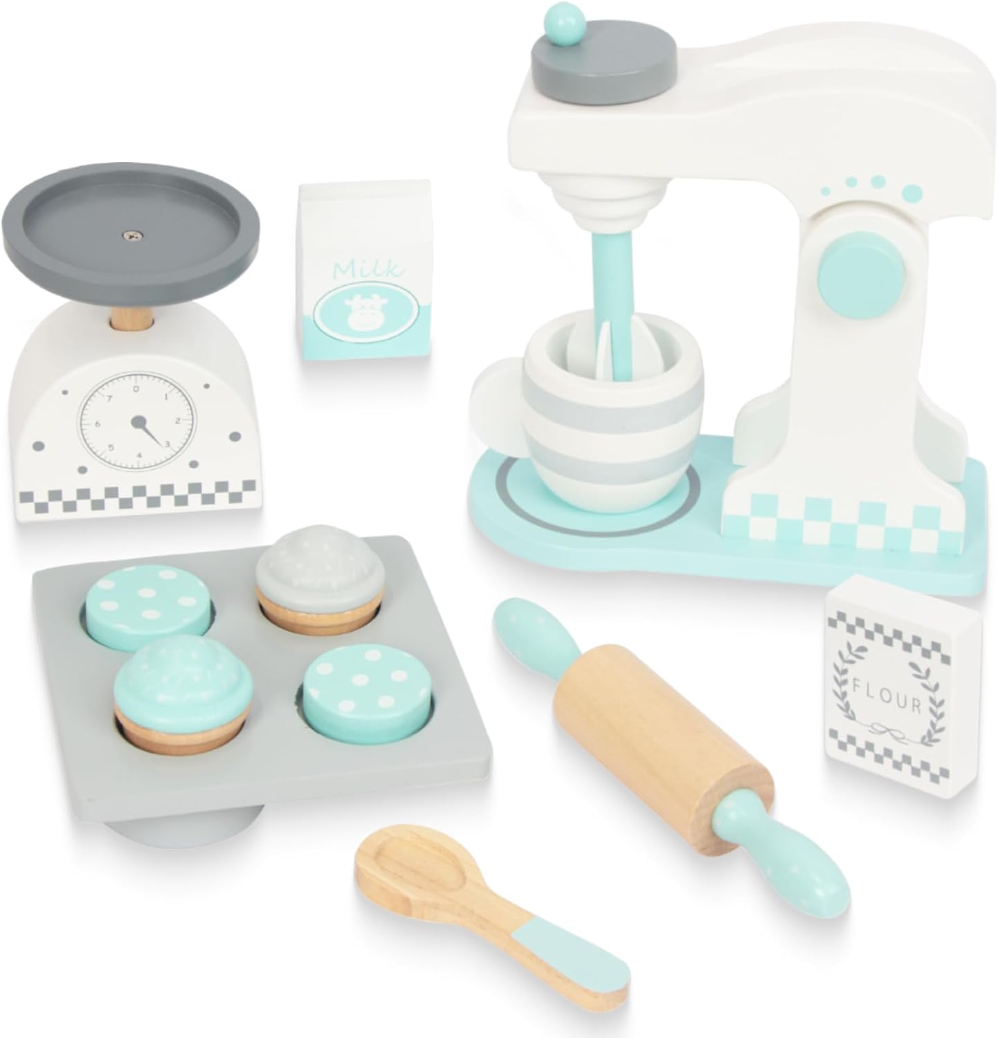 Wooden Play Kitchen Accessories, 12Pcs Toy Mixer Set, Pretend Play Food Sets for Boys Girls - Includes Scale, Rolling Pin, Cookies, Sugar, Flour