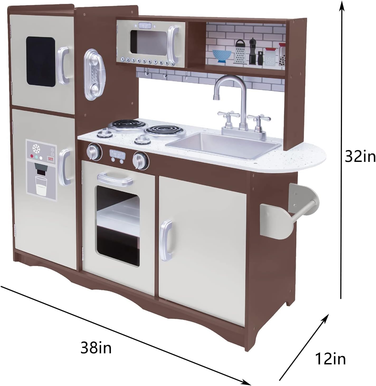 Kitchen Playset for Kids Ages 3-8, Wooden Pretend Play Kitchen, Incloud Telephone, Ice Maker, Refrigerator, Dimensions: 35” H x 31” W x 12” D (Multicolored)