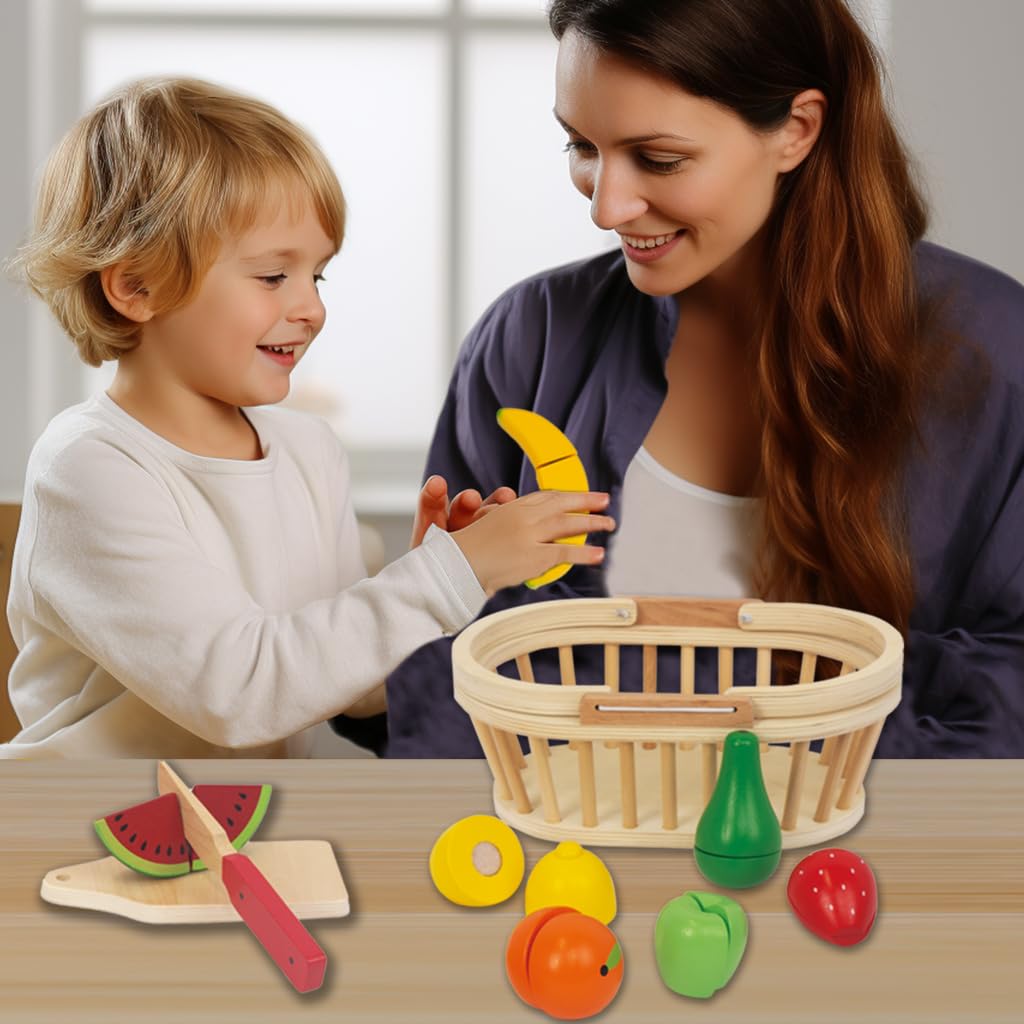 Wooden Cutting Fruits Vegetables Set for Kids, Pretend Play Food Toy Set with Wooden Knife, Tray and Basket for Boys Girls (Fruit Basket)