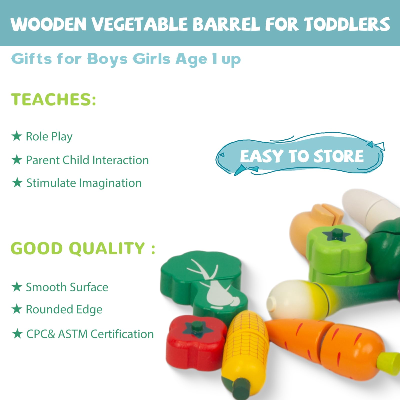 Wooden Play Food for Kids Kitchen, 38PCS Cutting Fruits Toys for Toddlers Pretend Vegetables Gift for Boys Girls Educational Toys (Fruit Bucket)