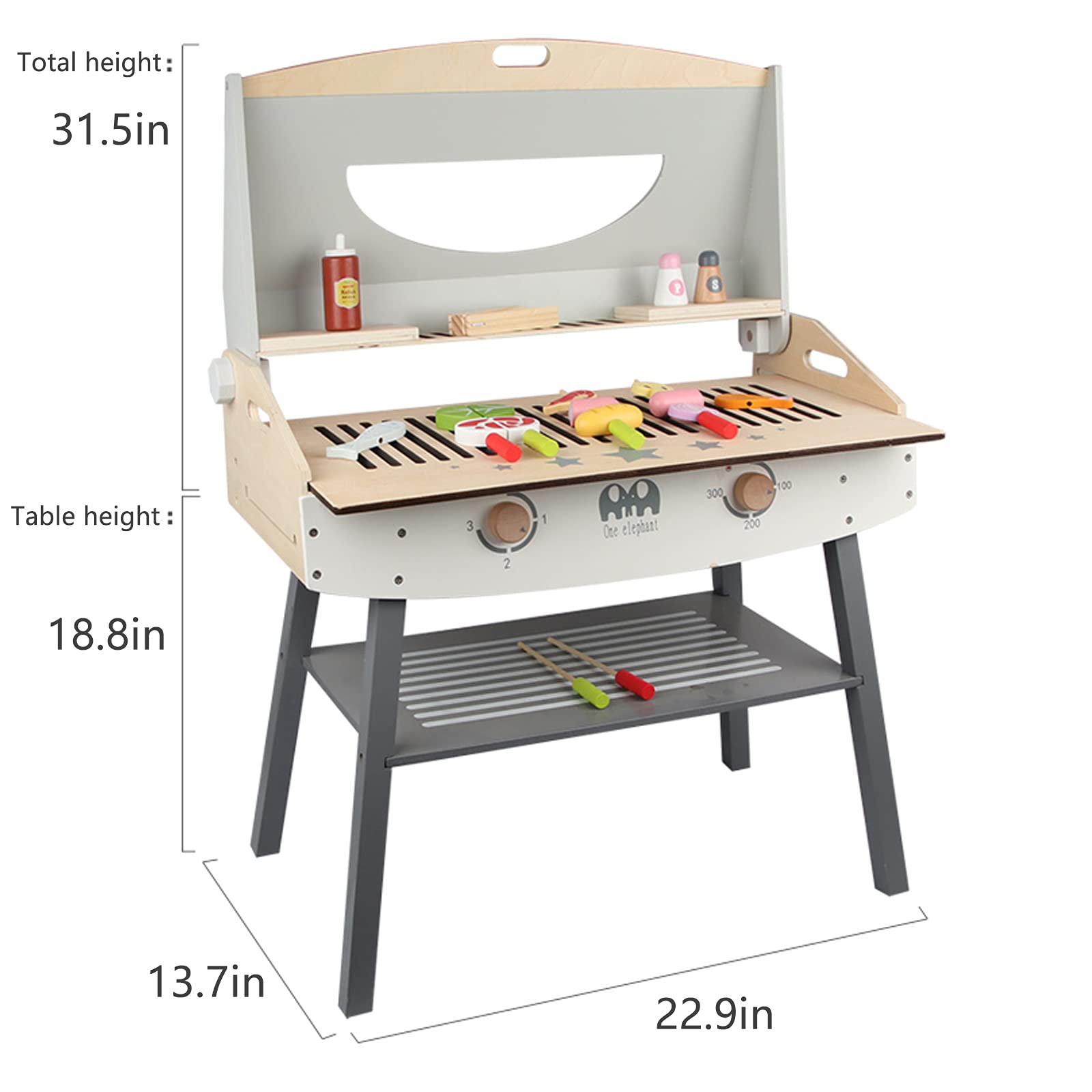 Wooden Pretend Barbecue Grill Play Set, Play Kitchen Set Cooking Gift for Girls and Boys - Best for 3 4 5 Year Old Kids