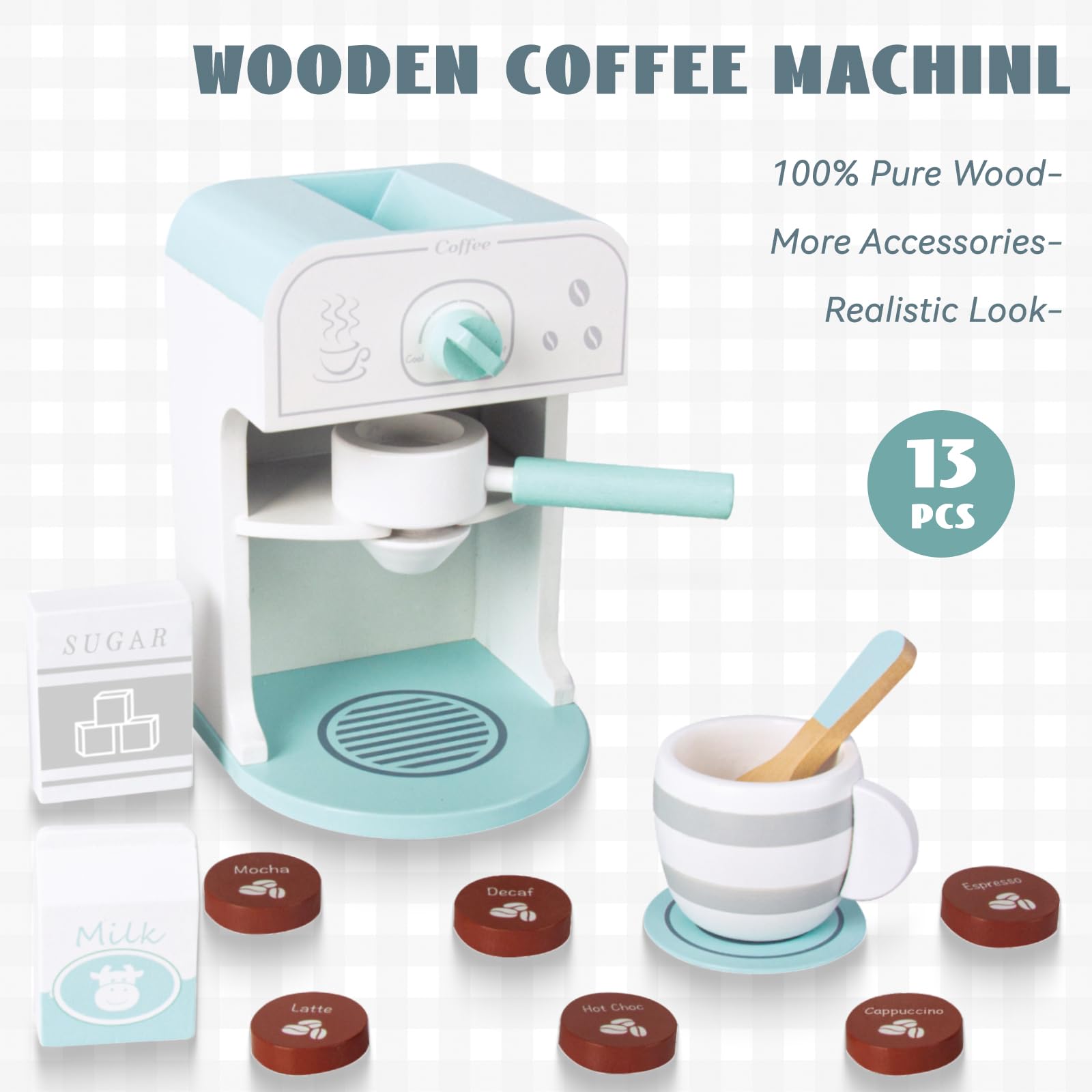 Kids Coffee Maker Toys, Wooden Coffee Cup Toddler Kitchen Playset, Wooden Play Toys, Play Kitchen Accessories for Girls Boys