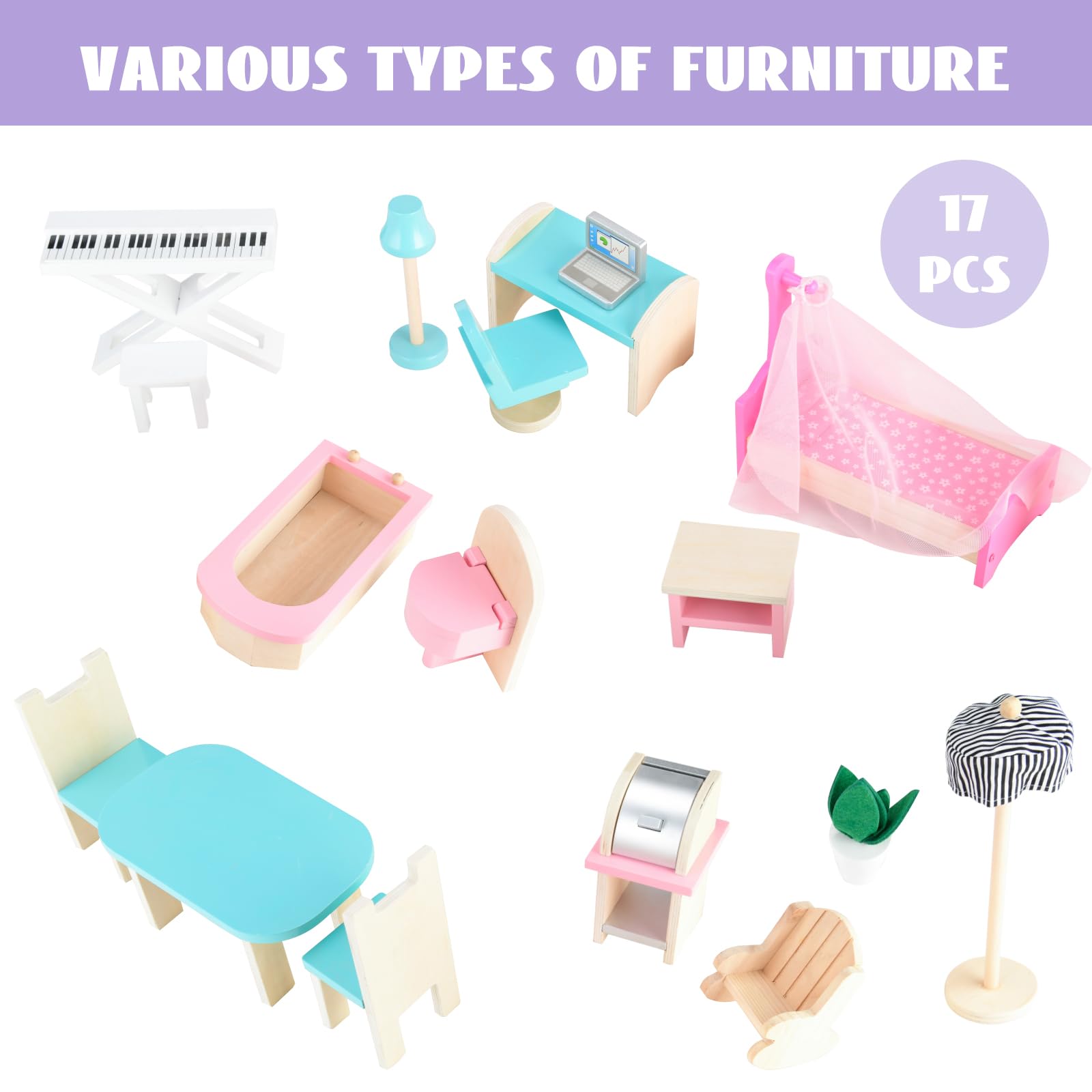 Wooden Dollhouse with Furniture for Kids Girls, Toys for 3 4 5 6 Years Old (Style 2)