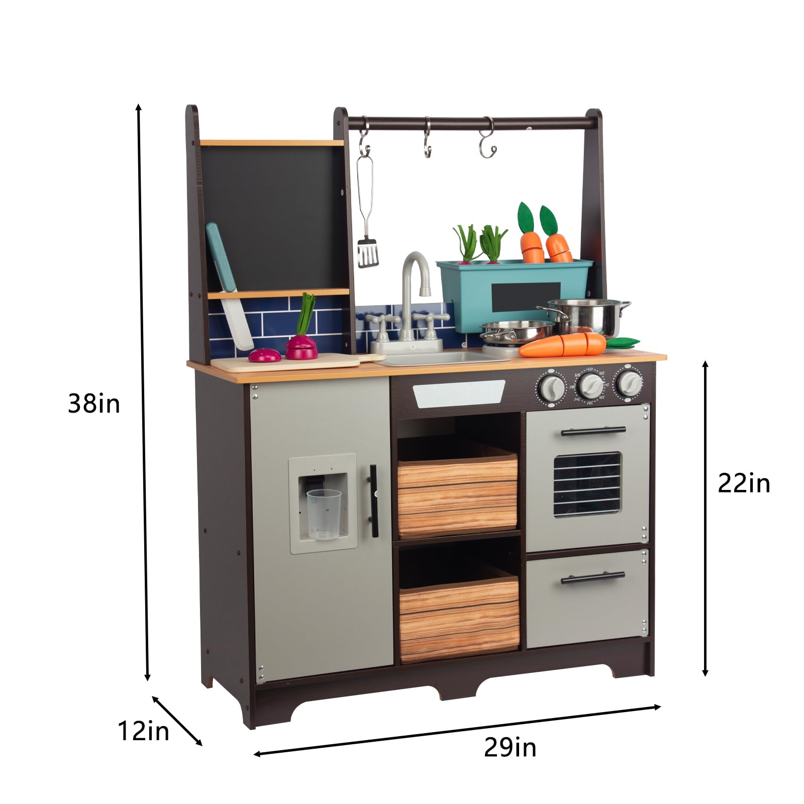 Kitchen Playset for Kids Ages 3-8, Wooden Pretend Play Kitchen with Cooking Accessories and Cutting Play Food, Including Oven, Stove, Faucet, and Sink, Dimensions: 38” H x 29” W x 12” D