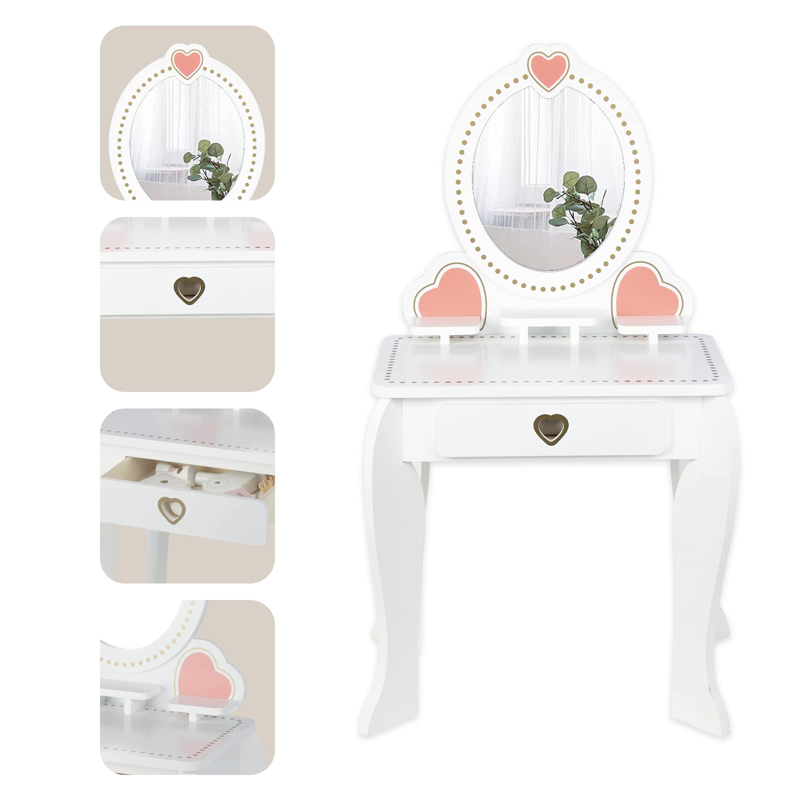 Kids Vanity Set with Mirror and Stool, Beauty Makeup Vanity Table and Chair Set for Toddlers and Kids, White