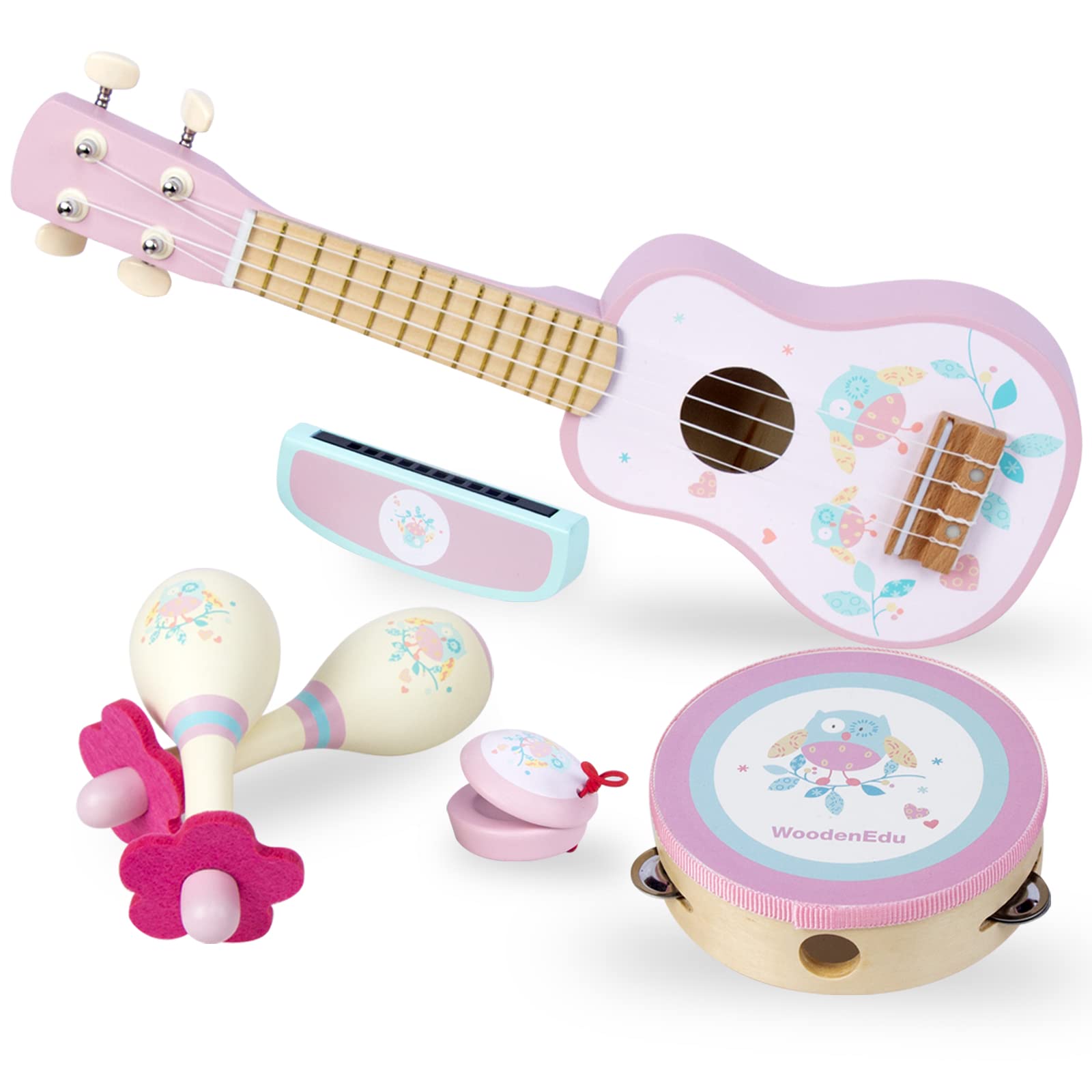 WoodenEdu Pink Guitar, Wooden Musical Instruments Toys with Ukulele, Tambourine, Maracas, Harmonica