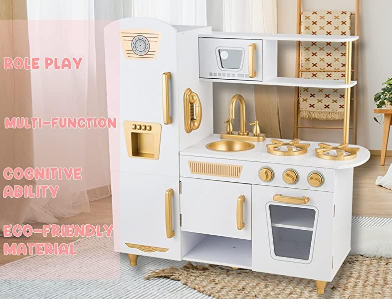 Kitchen Playset for Kids Ages 3-8, Wooden Pretend Play Kitchen, Incloud Telephone, Ice Maker, Refrigerator, Dimensions: 35” H x 31” W x 12” D (White)