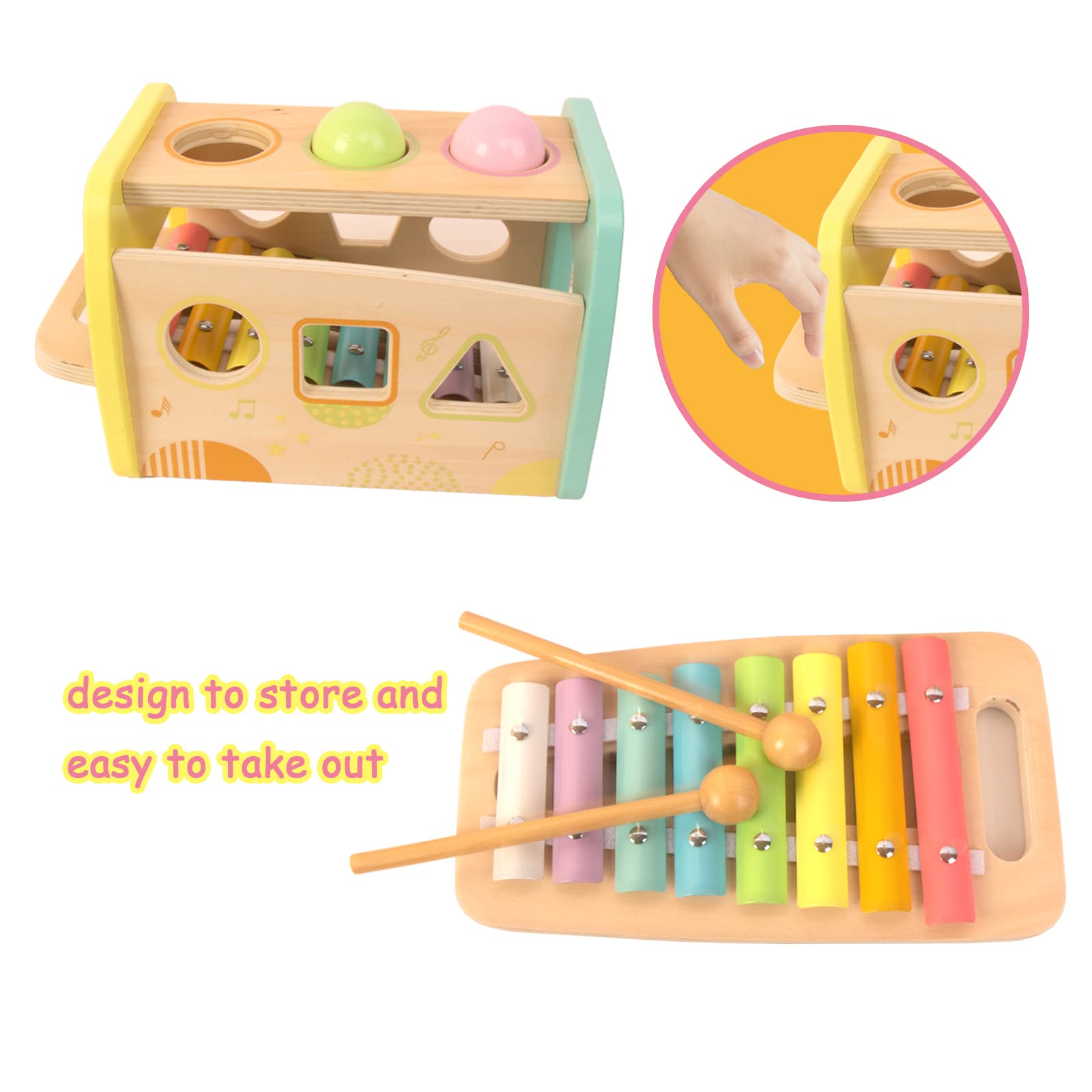 Hammering Pounding Toys Wooden Educational Toy Xylophone Shape Sorter, Birthday Gift for 1 2 3 Years Boys Girls Baby Toddler Kids Developmental Montessori Learning Toy (Yellow)