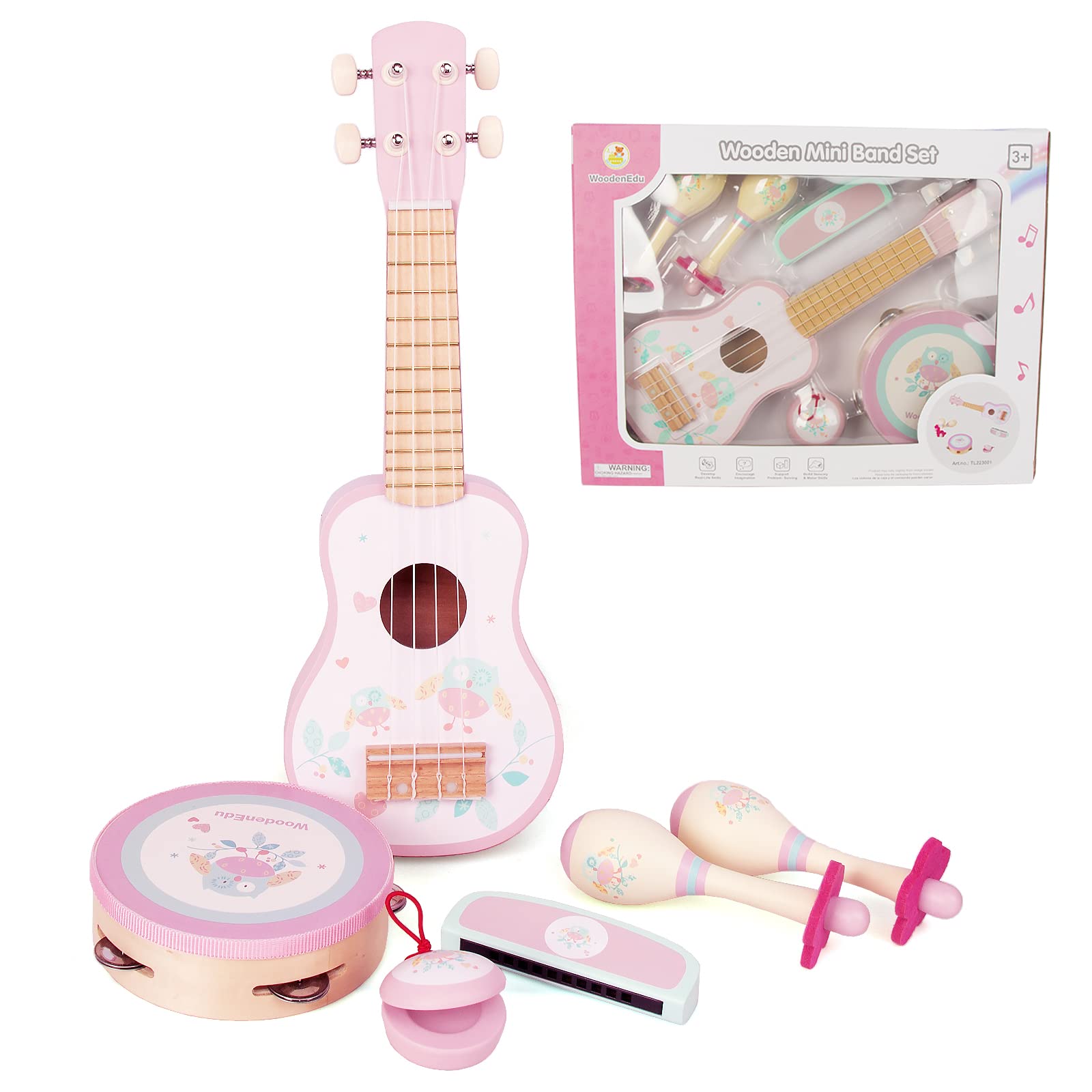 WoodenEdu Pink Guitar, Wooden Musical Instruments Toys with Ukulele, Tambourine, Maracas, Harmonica