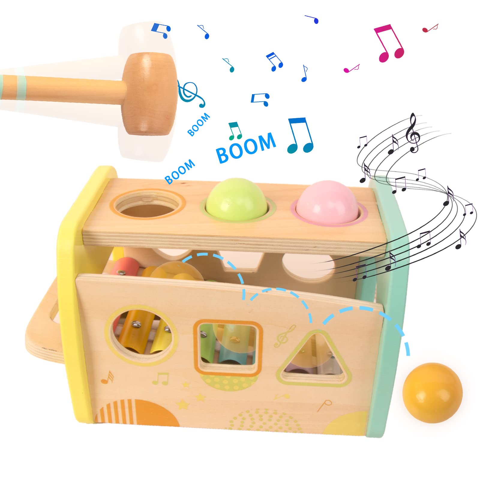 Hammering Pounding Toys Wooden Educational Toy Xylophone Shape Sorter, Birthday Gift for 1 2 3 Years Boys Girls Baby Toddler Kids Developmental Montessori Learning Toy (Yellow)