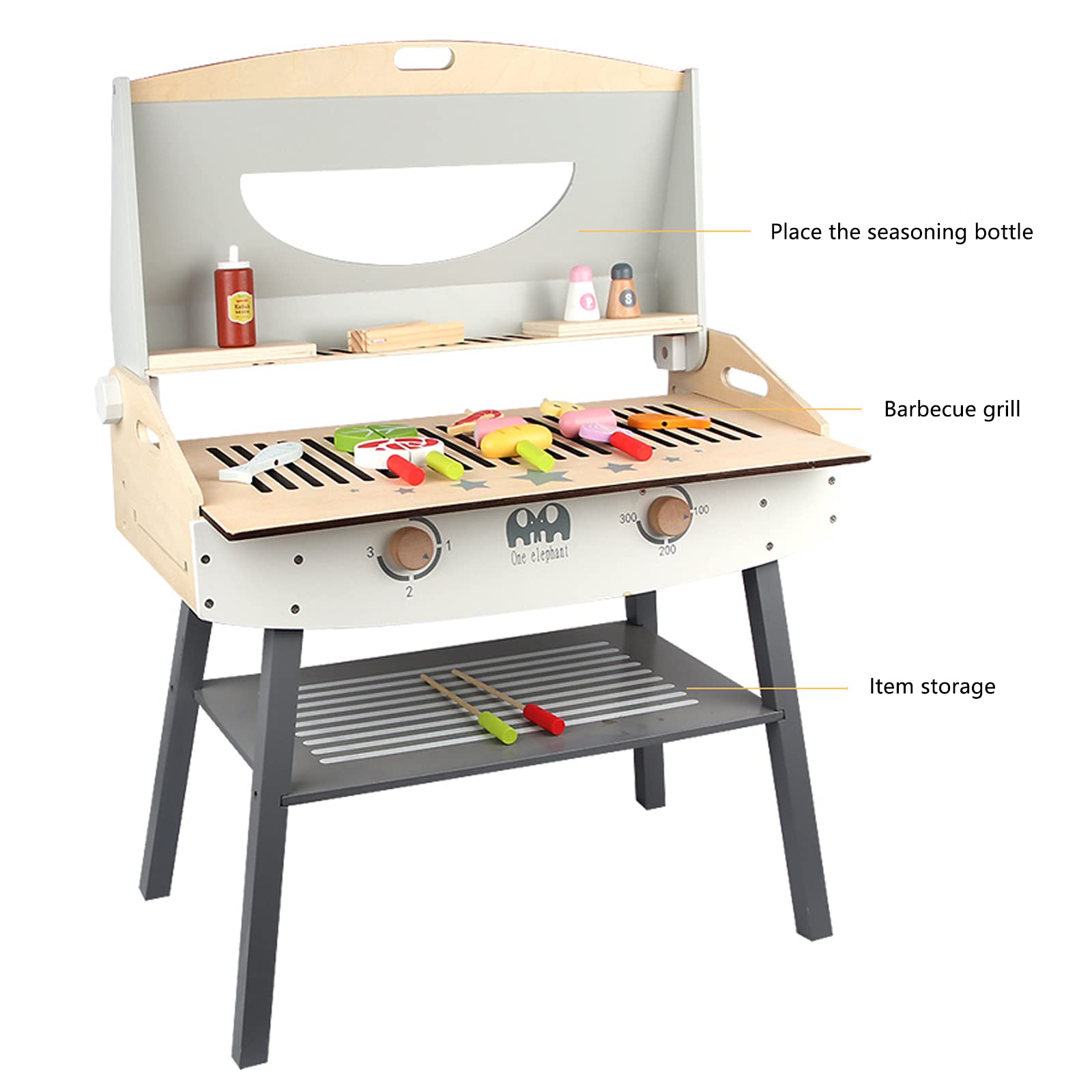 Wooden Pretend Barbecue Grill Play Set, Play Kitchen Set Cooking Gift for Girls and Boys - Best for 3 4 5 Year Old Kids