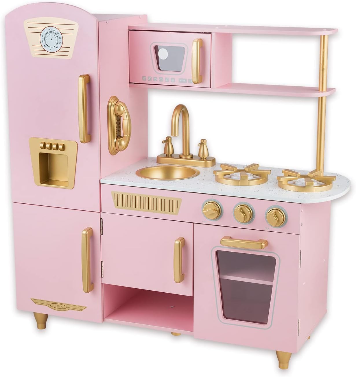 Kitchen Playset for Kids Ages 3-8, Wooden Pretend Play Kitchen, Incloud Telephone, Ice Maker, Refrigerator, Dimensions: 35” H x 31” W x 12” D (Multicolored)