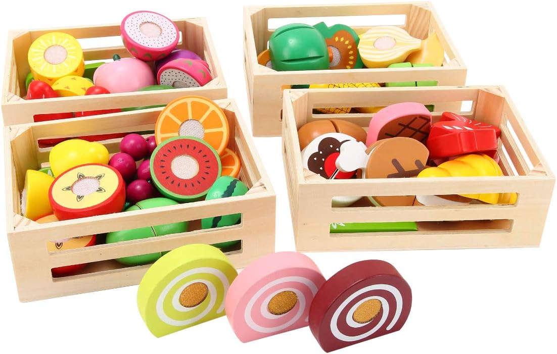 58Pcs Cutting Fruits Set Wooden Play Food, Kitchen Toys Vegetables Pretend Food Play for kids Educational Kitchen Toys