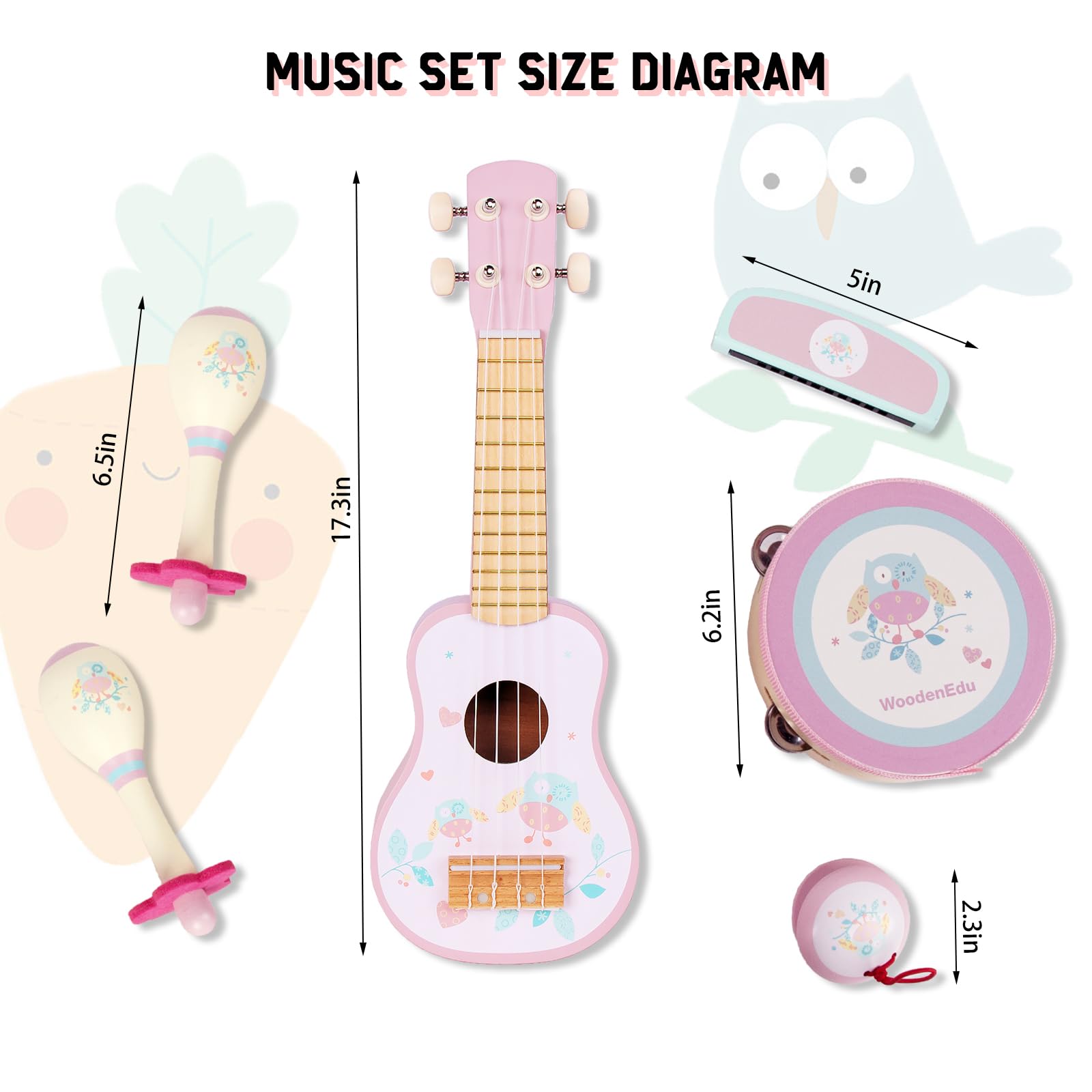 WoodenEdu Pink Guitar, Wooden Musical Instruments Toys with Ukulele, Tambourine, Maracas, Harmonica