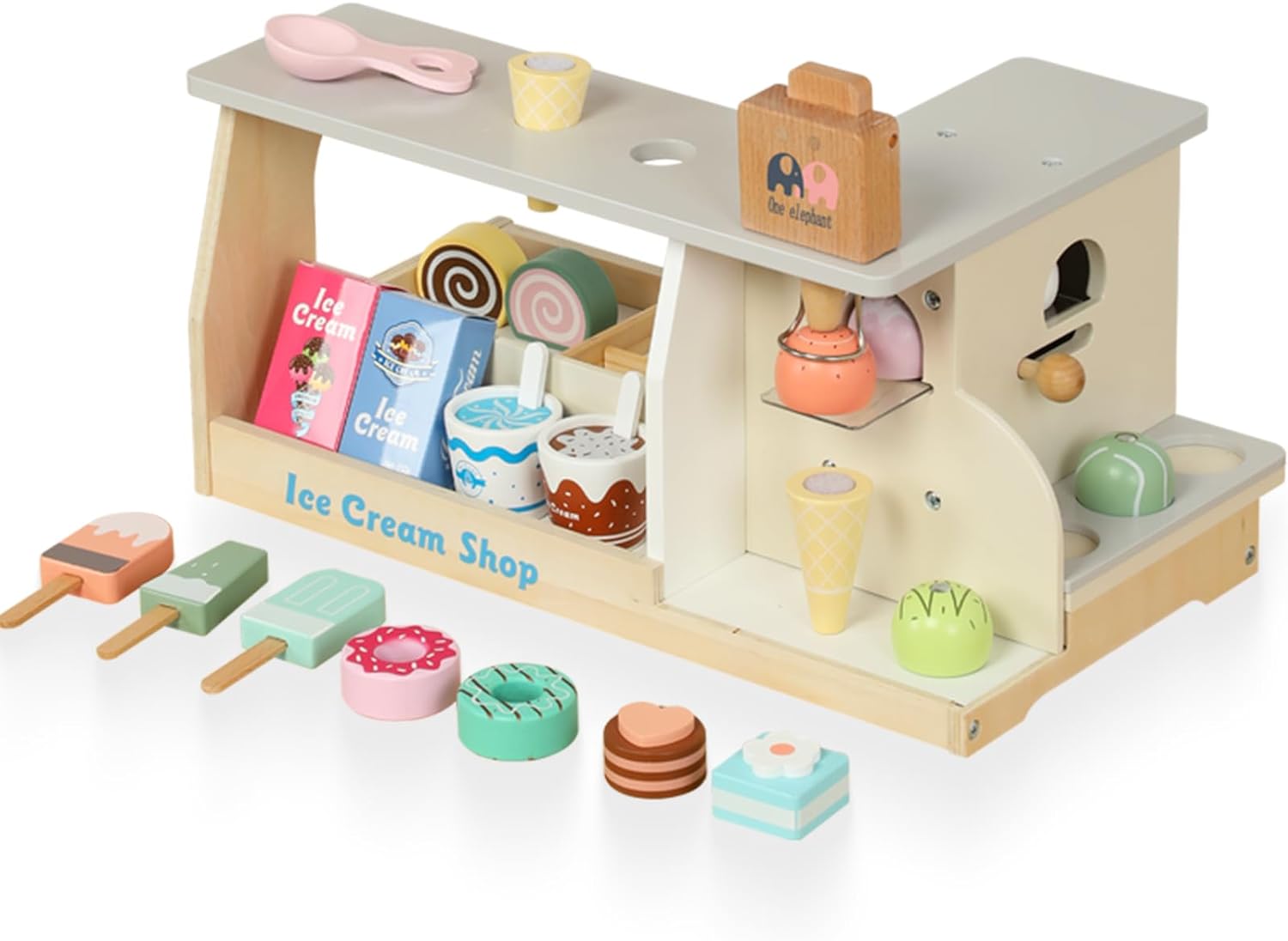 Ice Cream Counter Playset for Toddler Girl Toys, Wooden Popsicle Set Pretend Toy Food Play Kitchen Accessories with Scoop, Interactive Toys Birthday Gifts for 3 Year Old Up