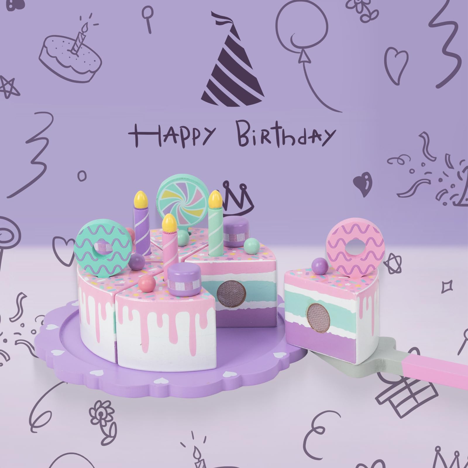 Pretend Play Food for Toddlers 1-3,Wooden Birthday Fake Cake with Candles and Numbers,Tea Party Learning Kitchen Gift Toys for Boys Girls (Rainbow Cake)