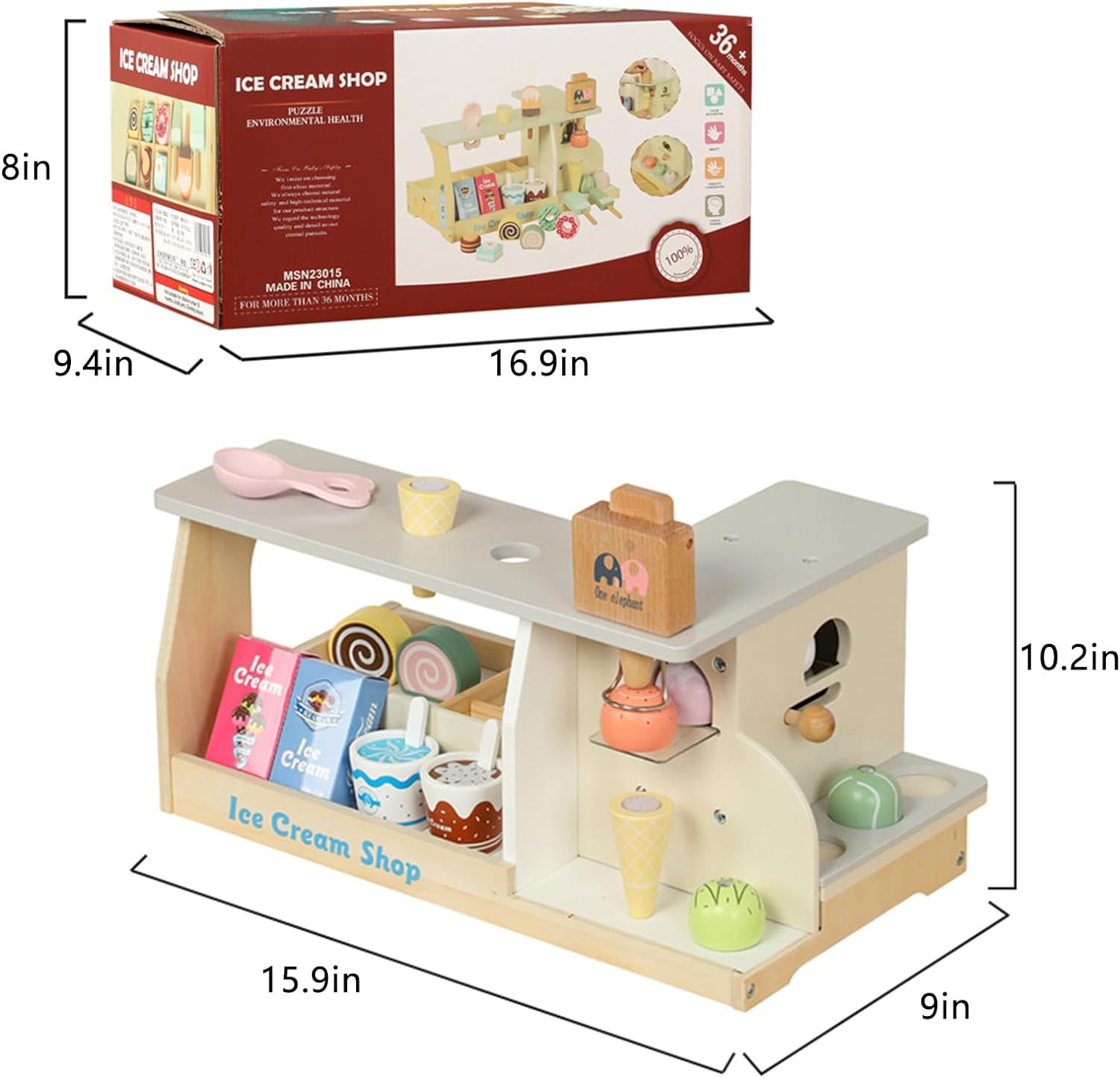 Ice Cream Counter Playset for Toddler Girl Toys, Wooden Popsicle Set Pretend Toy Food Play Kitchen Accessories with Scoop, Interactive Toys Birthday Gifts for 3 Year Old Up