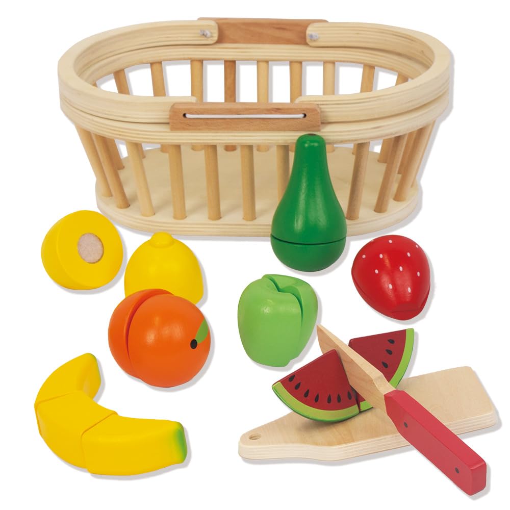 Wooden Play Food for Kids Kitchen, 38PCS Cutting Fruits Toys for Toddlers Pretend Vegetables Gift for Boys Girls Educational Toys (Fruit Bucket)