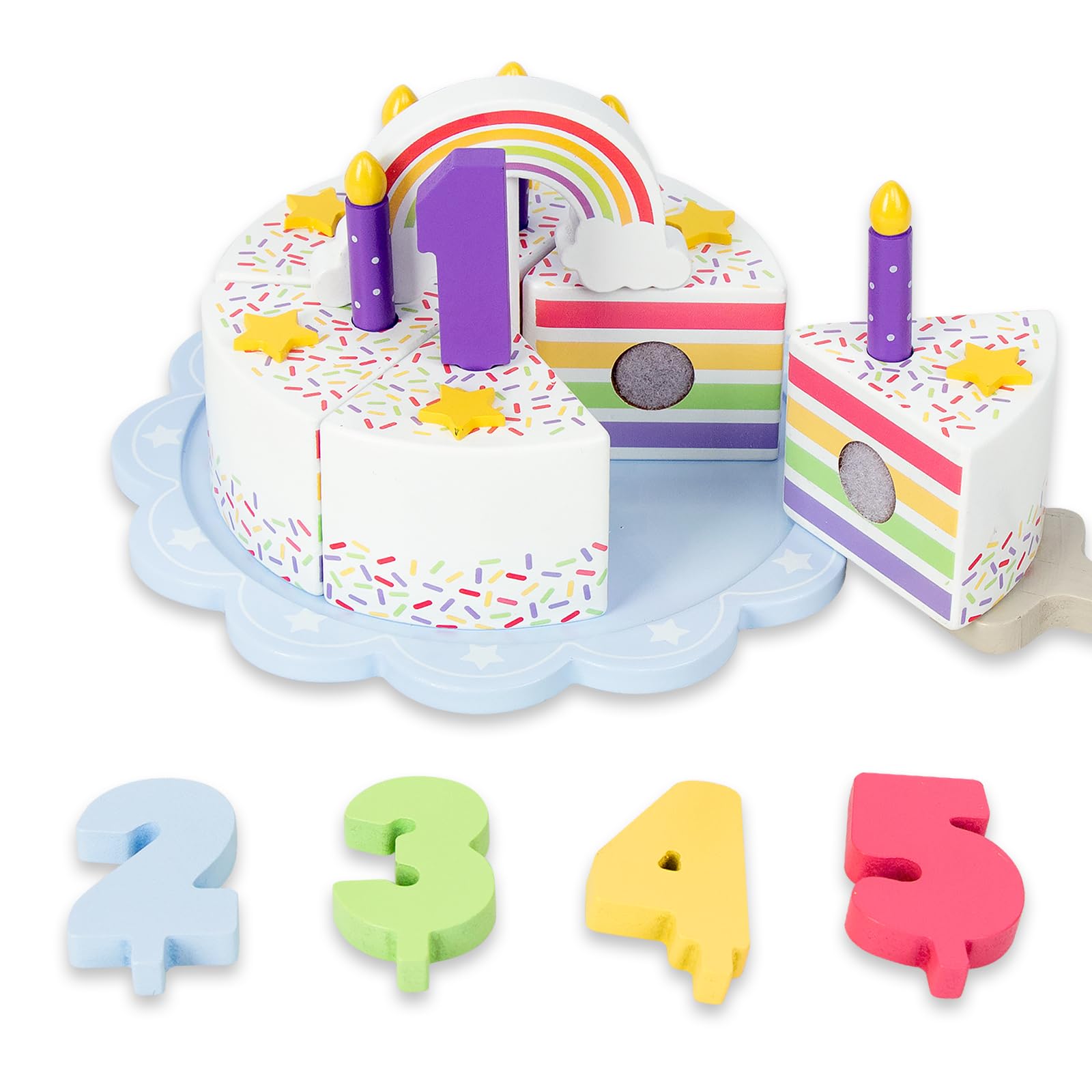 Pretend Play Food for Toddlers 1-3,Wooden Birthday Fake Cake with Candles and Numbers,Tea Party Learning Kitchen Gift Toys for Boys Girls (Rainbow Cake)