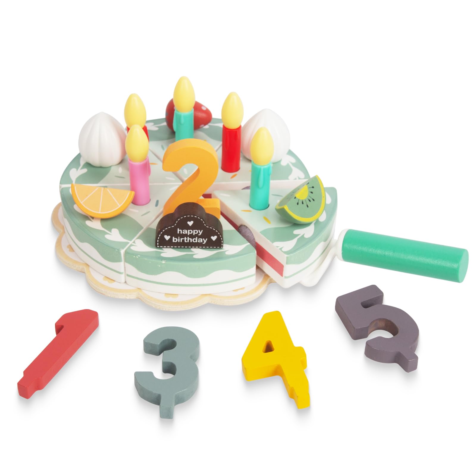 Pretend Play Food for Toddlers 1-3,Wooden Birthday Fake Cake with Candles and Numbers,Tea Party Learning Kitchen Gift Toys for Boys Girls (Rainbow Cake)