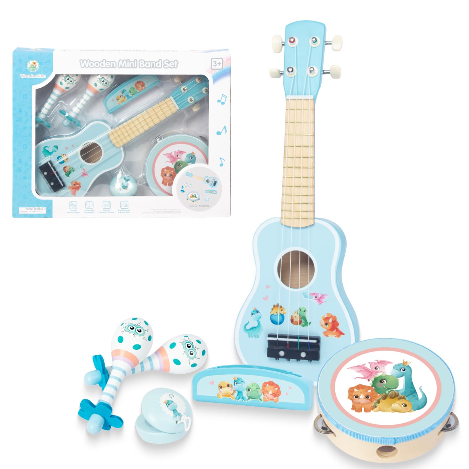 WoodenEdu Pink Guitar, Wooden Musical Instruments Toys with Ukulele, Tambourine, Maracas, Harmonica