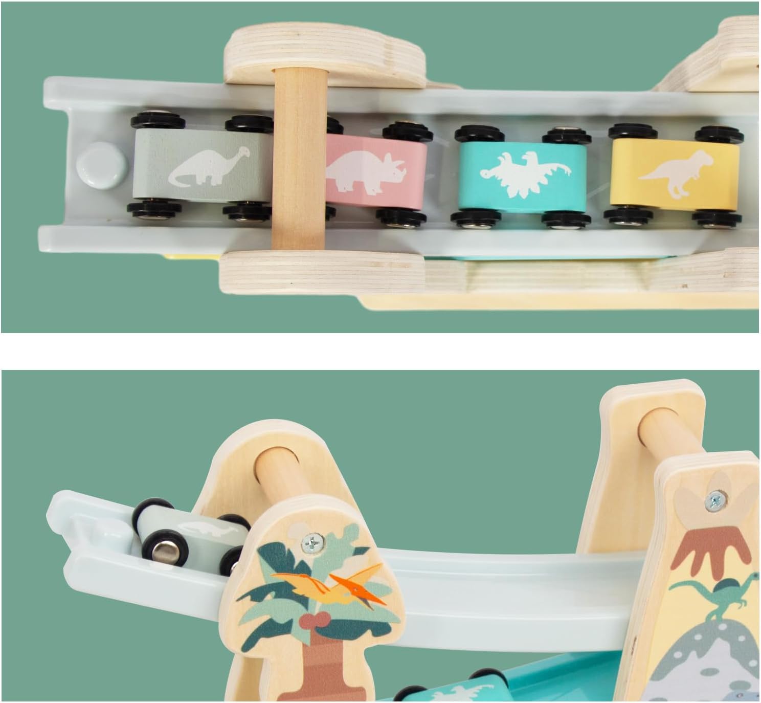 Car Ramp Racer Toy, Kid Wooden Dinosaur Race Track with 4 Mini Cars & Race Tracks, Montessori Toys for Toddlers Boys Girls Gift