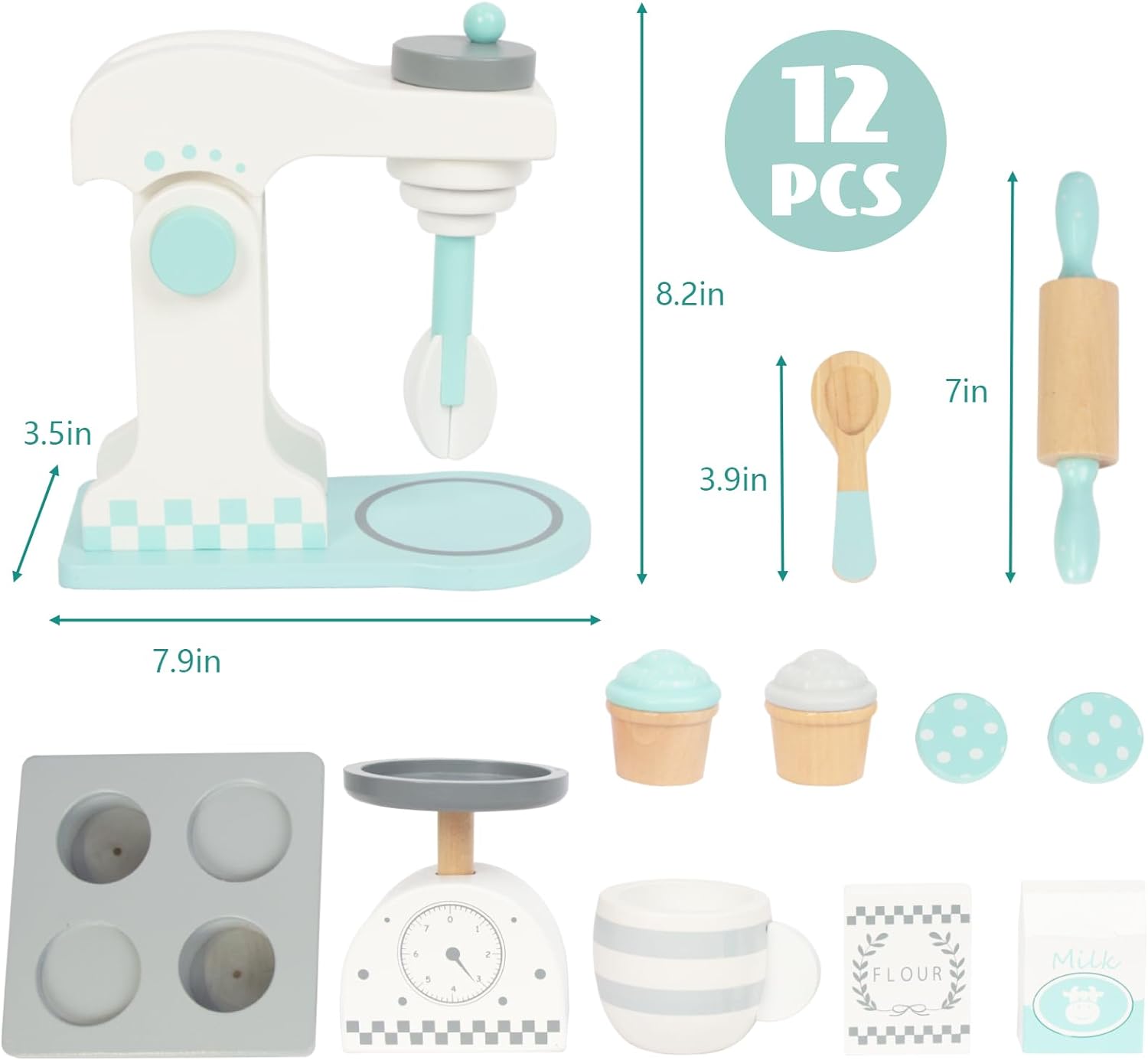 Wooden Play Kitchen Accessories, 12Pcs Toy Mixer Set, Pretend Play Food Sets for Boys Girls - Includes Scale, Rolling Pin, Cookies, Sugar, Flour