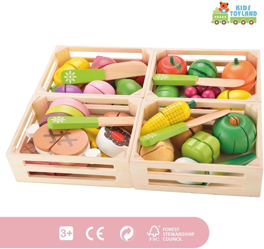 58Pcs Cutting Fruits Set Wooden Play Food, Kitchen Toys Vegetables Pretend Food Play for kids Educational Kitchen Toys