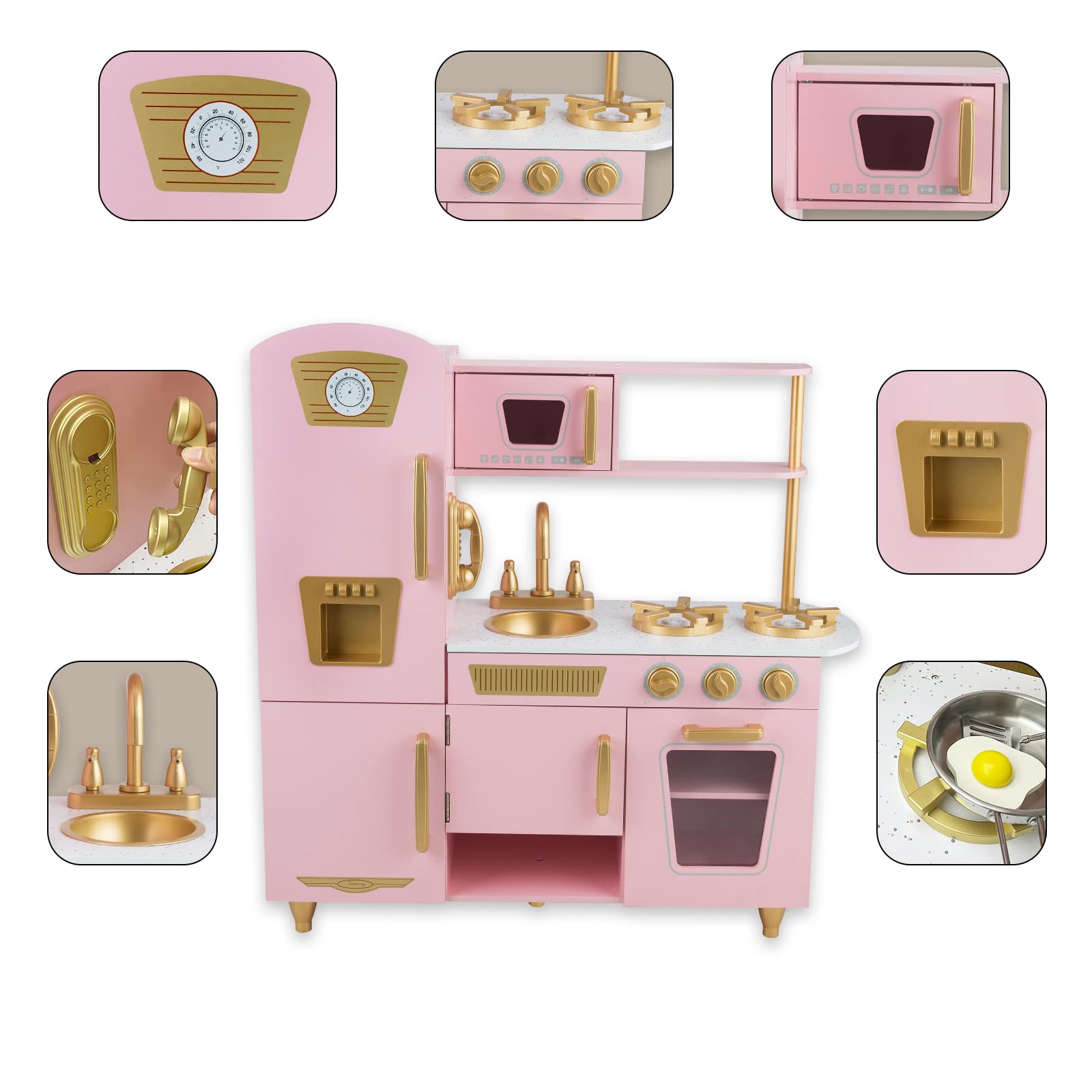 Kitchen Playset for Kids Ages 3-8, Wooden Pretend Play Kitchen with Cooking Accessories and Cutting Play Food, Including Oven, Stove, Faucet, and Sink, Dimensions: 38” H x 29” W x 12” D