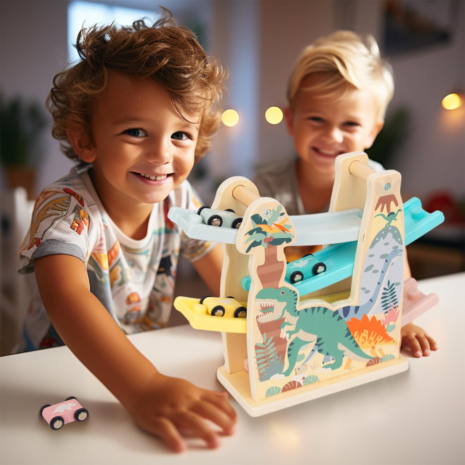 Car Ramp Racer Toy, Kid Wooden Dinosaur Race Track with 4 Mini Cars & Race Tracks, Montessori Toys for Toddlers Boys Girls Gift