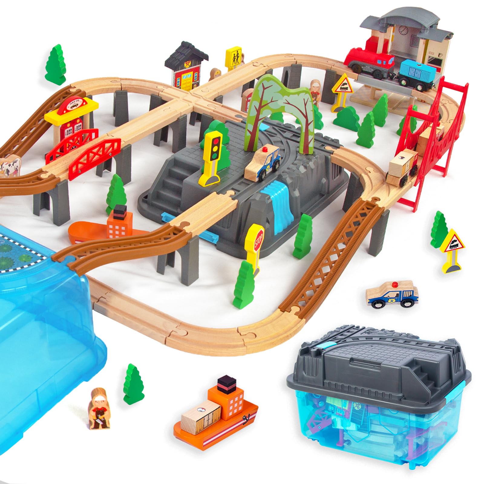 60Pcs Train Set for Toddlers, Bridge & Double-Side Wooden Train Set Tracks, Fits Brio, Thomas, Melissa and Doug, Kids Gift Toys for 3 4 5 Years Old Boys Girls