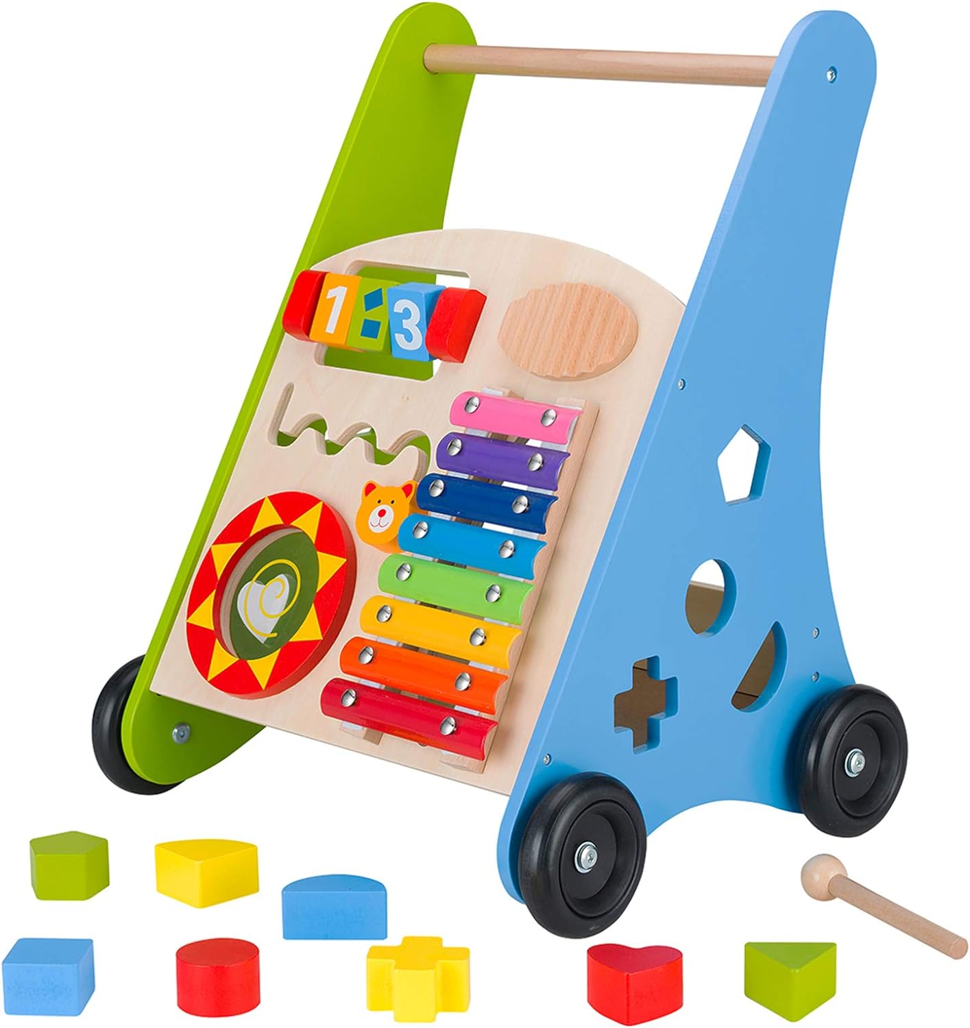 Wooden Baby Push Walkers for 1 Year Old Boys Girls, Push and Pull Learning Activity Center with Xylophone Shape Sorter Montessori Toys