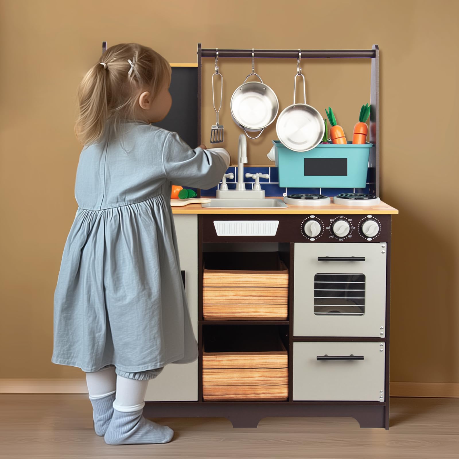 Kitchen Playset for Kids Ages 3-8, Wooden Pretend Play Kitchen with Cooking Accessories and Cutting Play Food, Including Oven, Stove, Faucet, and Sink, Dimensions: 38” H x 29” W x 12” D