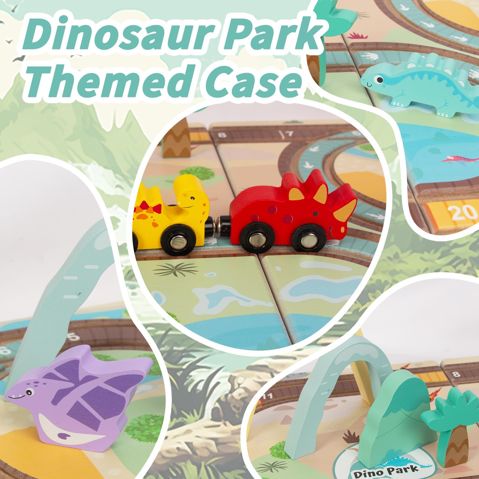 Wooden Train Set Toys for Toddlers, Wooden Dinosaur Train Set for Kids Age 3+, Portable Durable Train Chess Toys for Travel with 3 Trains 5 Dinosaurs for Kids