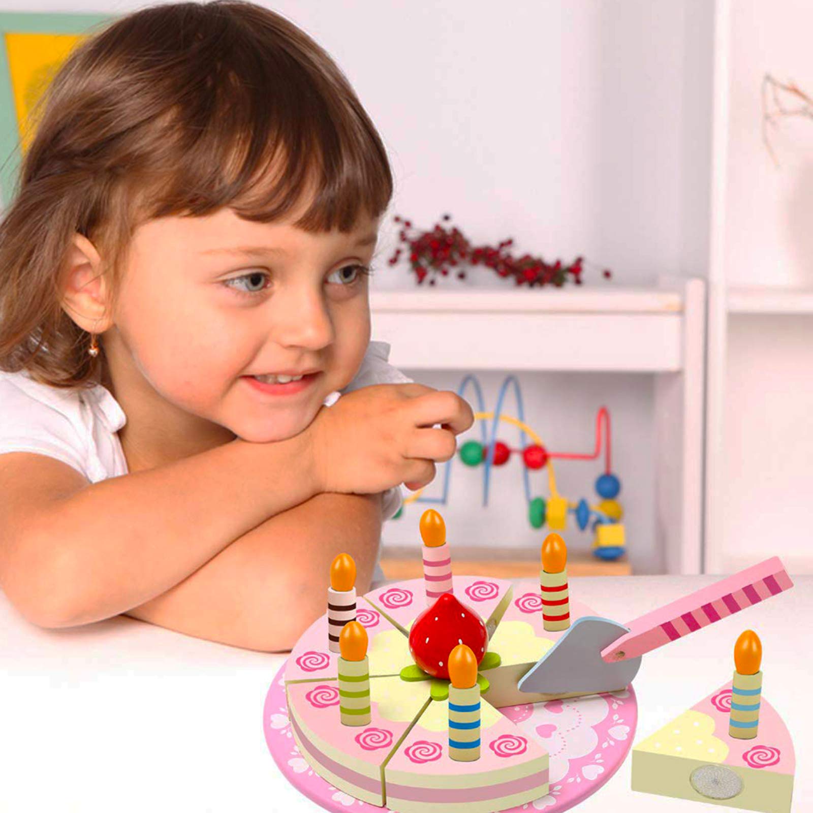 Wooden Play Food Sets for Kids Kitchen,Pretend Play Kitchen Fake Cutting Food Toys,Educational Toy for Toddler Girl 1 2 3 Year Old Birthday Gift (Birthday Cake)