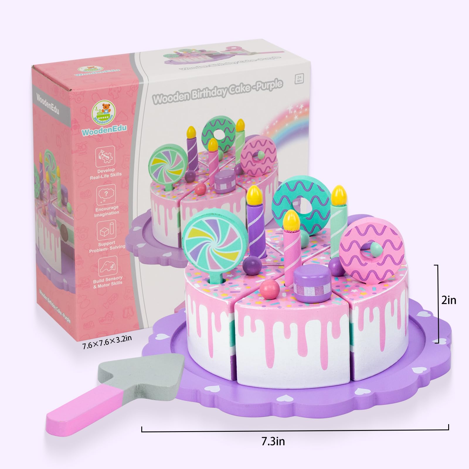 Pretend Play Food for Toddlers 1-3,Wooden Birthday Fake Cake with Candles and Numbers,Tea Party Learning Kitchen Gift Toys for Boys Girls (Rainbow Cake)