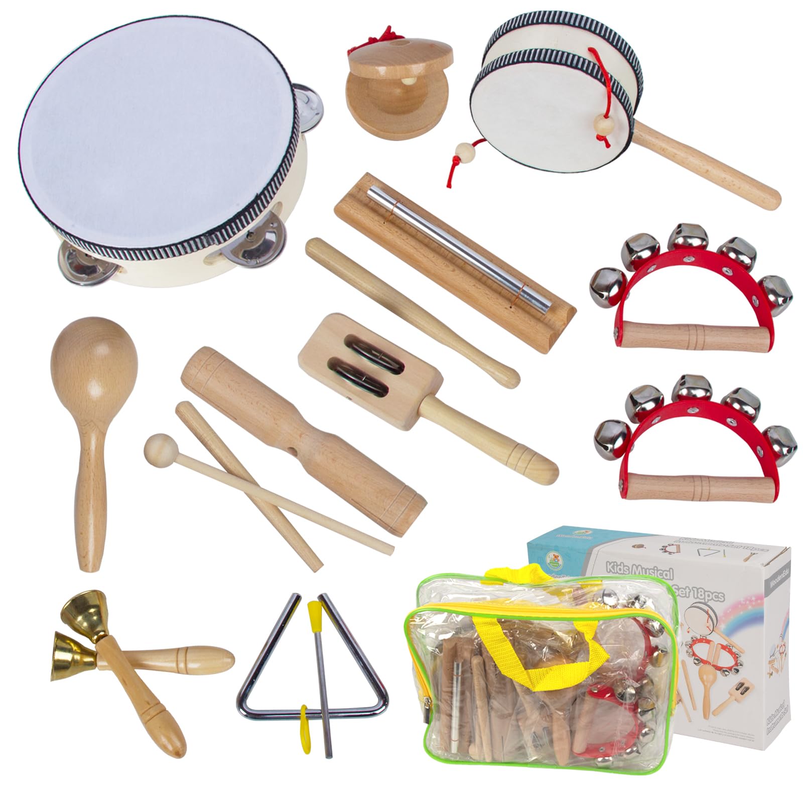 Wooden Musical Instruments Set for Toddlers 1-3, Natural Wood Percussion Instruments Xylophone Gift Set for Girls Boys Kids ,Preschool Educational Musical Toys with Storage Bag (Log Color)