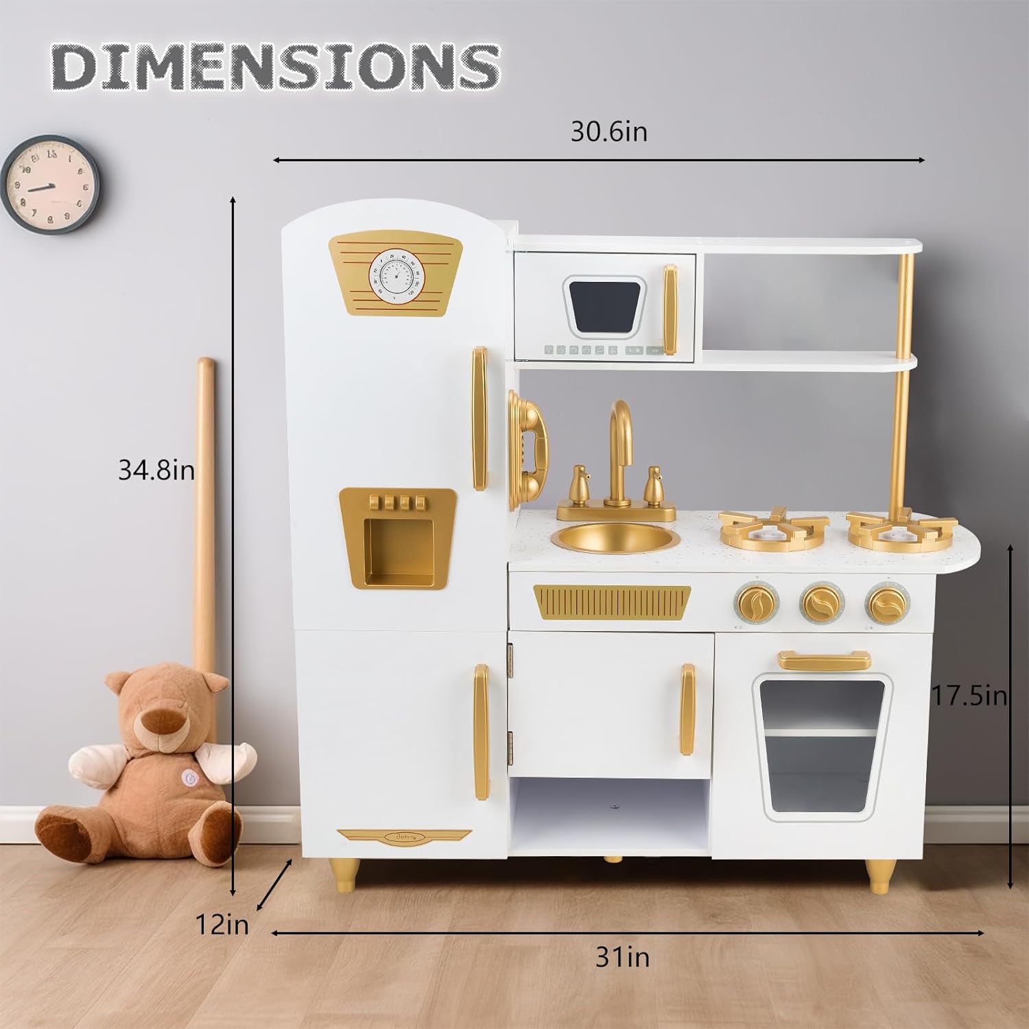 Kitchen Playset for Kids Ages 3-8, Wooden Pretend Play Kitchen, Incloud Telephone, Ice Maker, Refrigerator, Dimensions: 35” H x 31” W x 12” D (White)