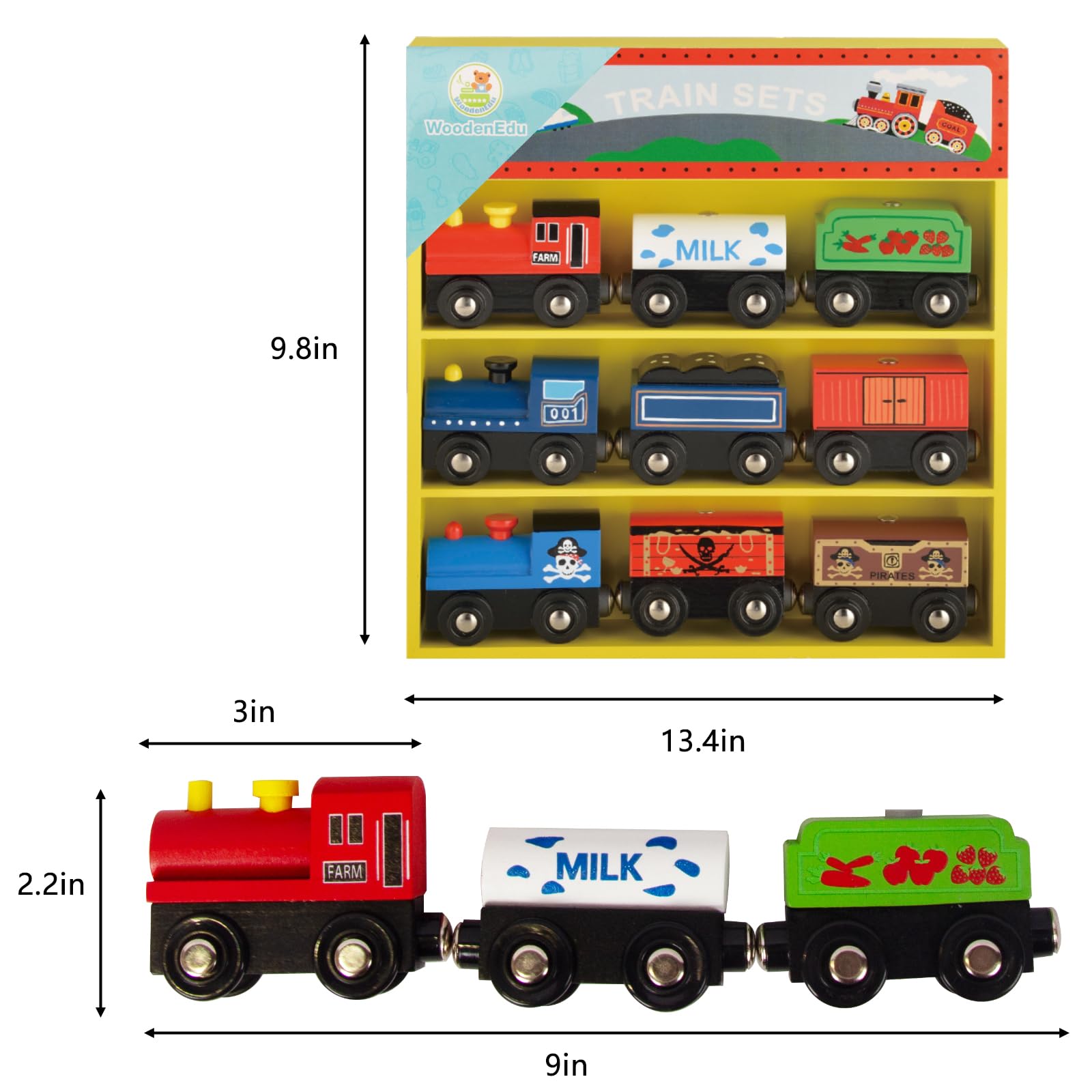 Wooden Train Sets for Toddlers, 9 Pcs Train Toy Magnetic Sets Fits Brio, Thomas, Melissa and Doug, Kids for Boys Girls 3 4 5 Years Old