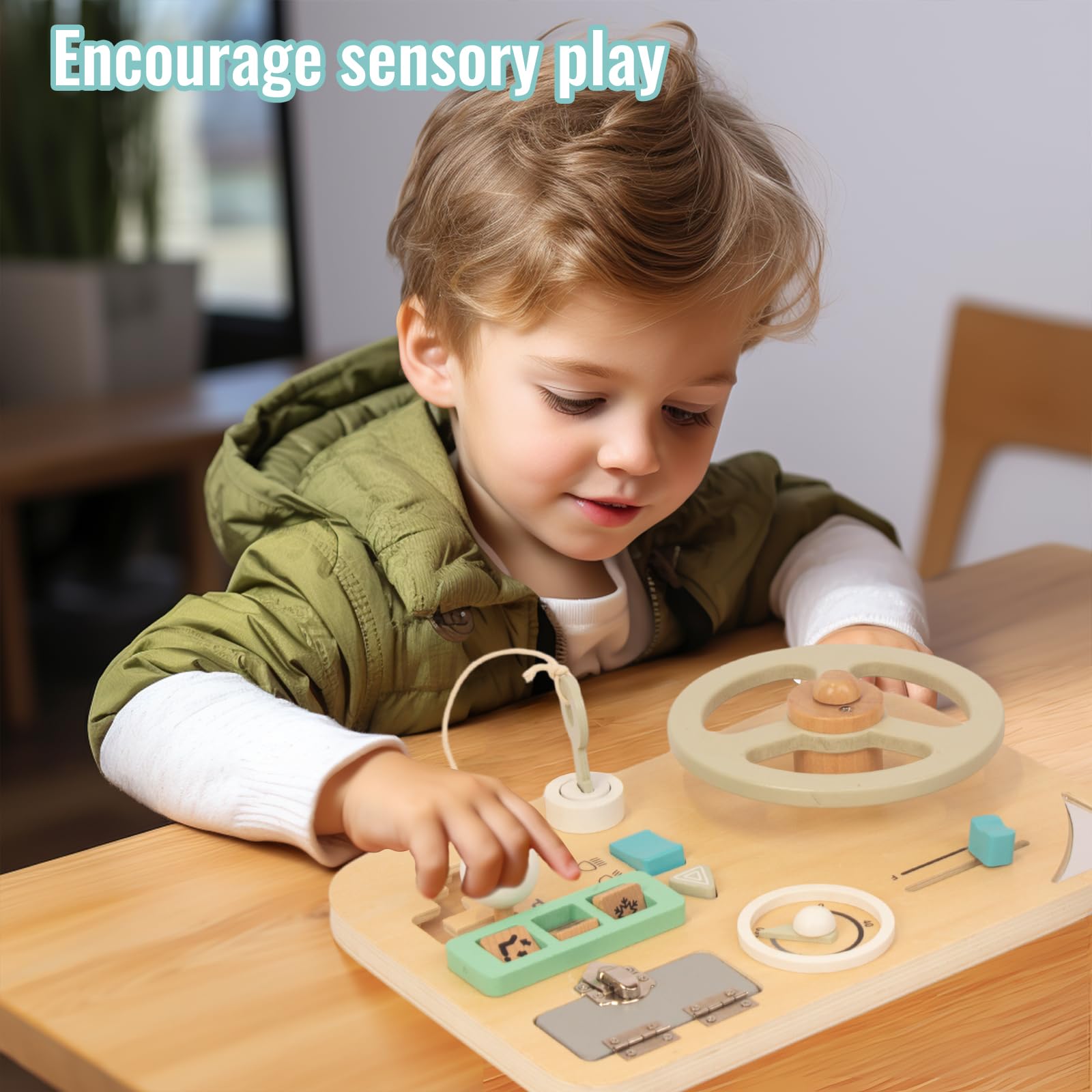 Montessori Busy Board for Toddlers 1-3, Car Driving Wooden Sensory Toys, Preschool Learning Activities for Fine Motor Skills Travel Toy for 1 2 3 Years Old Kids Boys Girls