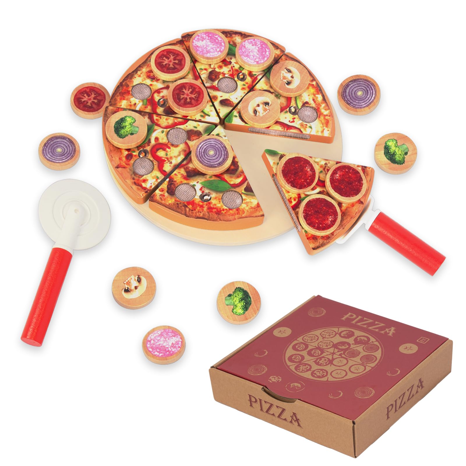 Cutting Play Food Toy for Kids Kitchen,Wooden Pizza Set Pretend Play Kitchen Accessories,Learning Toy Birthday Gifts for Boys Girls Toddlers (6 pcs Set)