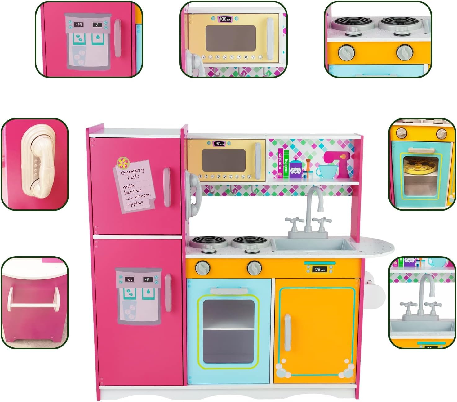 Kitchen Playset for Kids Ages 3-8, Wooden Pretend Play Kitchen, Incloud Telephone, Ice Maker, Refrigerator, Dimensions: 35” H x 31” W x 12” D (Multicolored)