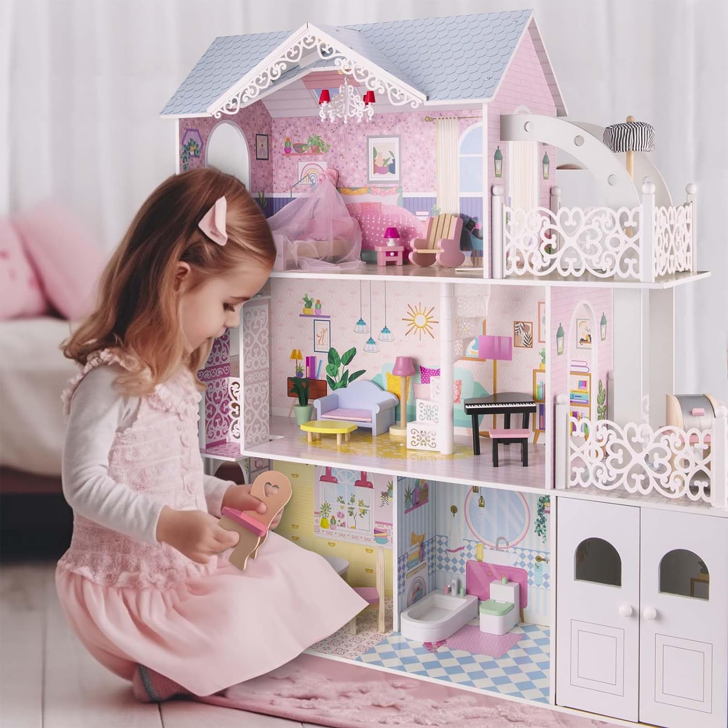 Wooden Dollhouse with Furniture for Kids Girls, Toy Gift for 3 4 5 6 Years Old