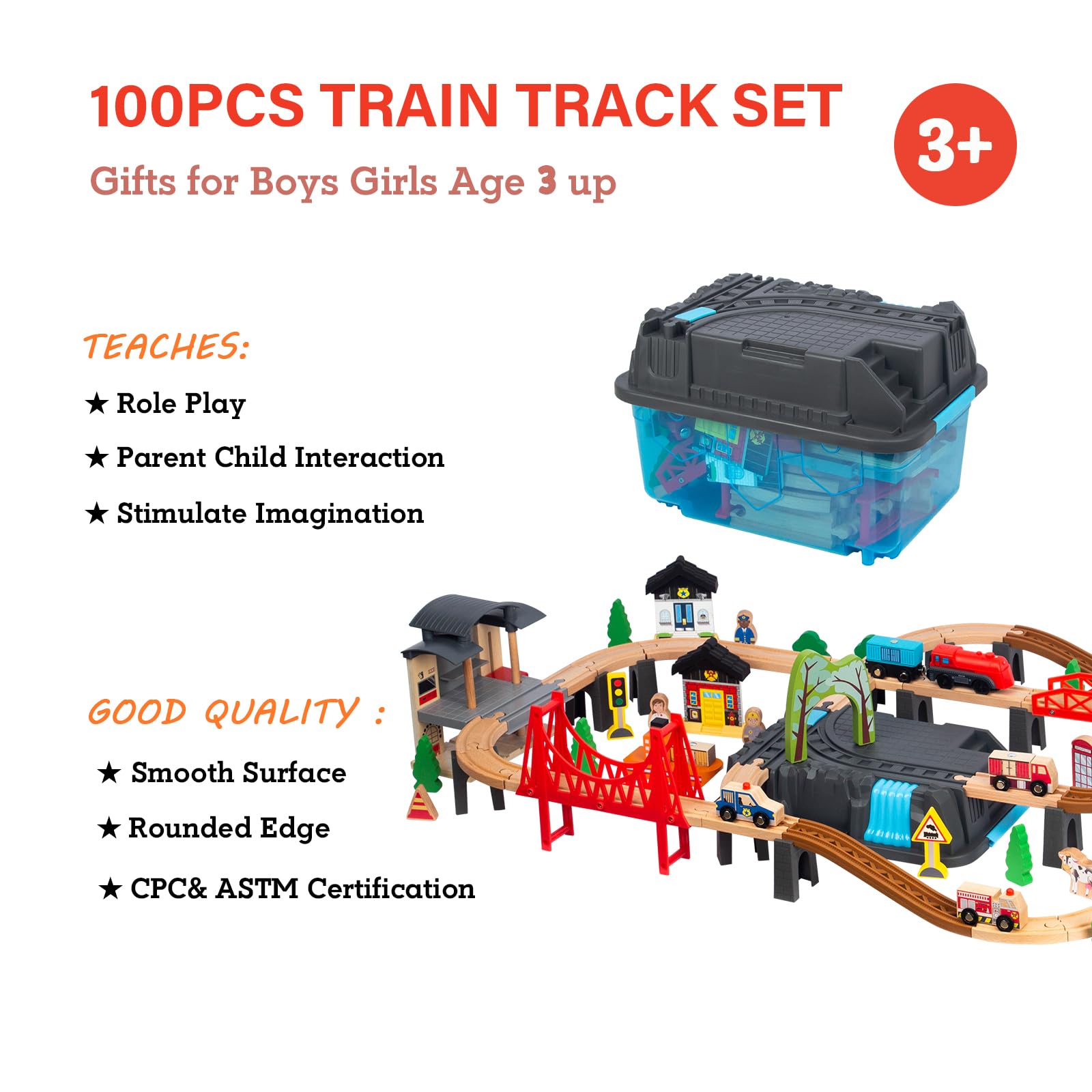 60Pcs Train Set for Toddlers, Bridge & Double-Side Wooden Train Set Tracks, Fits Brio, Thomas, Melissa and Doug, Kids Gift Toys for 3 4 5 Years Old Boys Girls