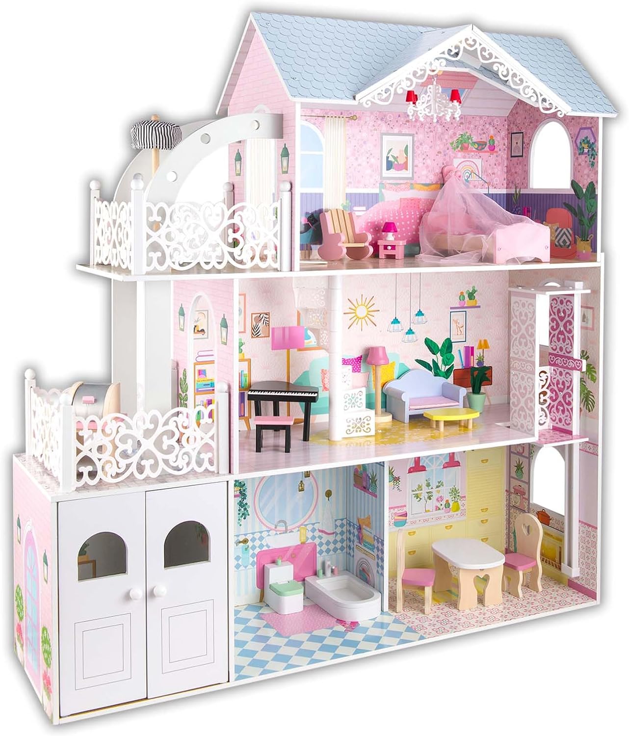 Wooden Dollhouse with Furniture for Kids Girls, Toy Gift for 3 4 5 6 Years Old