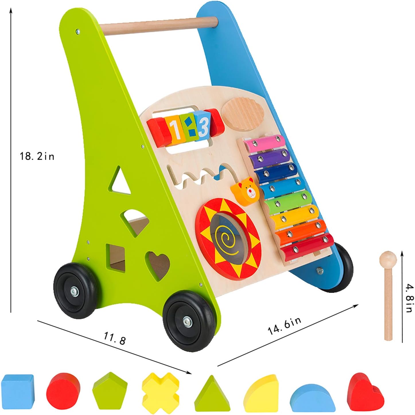 Wooden Baby Push Walkers for 1 Year Old Boys Girls, Push and Pull Learning Activity Center with Xylophone Shape Sorter Montessori Toys